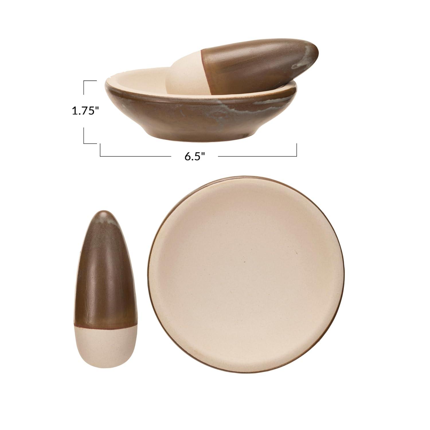 Small Brown and Cream Ceramic Mortar and Pestle