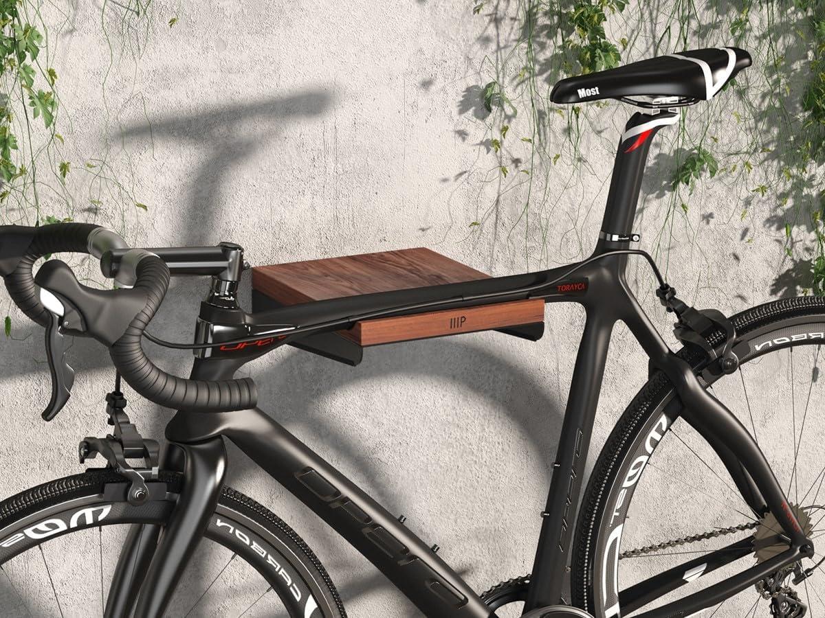 Compact Walnut and Black Wall-Mounted Bike Storage Rack