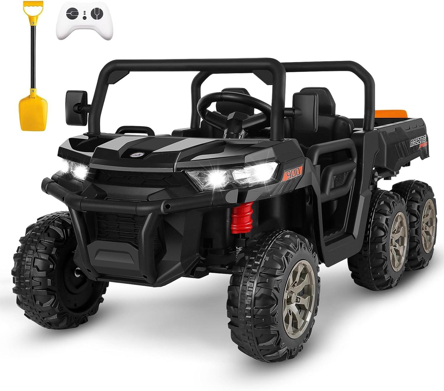 JOYRACER 24V 2 Seater Ride On Dump Truck with Remote Control , Electric UTV Car with Electric Dump Bed, 4WD Power Ride Cars W/6 Wheels Ride On Toys with Shovel Music Player