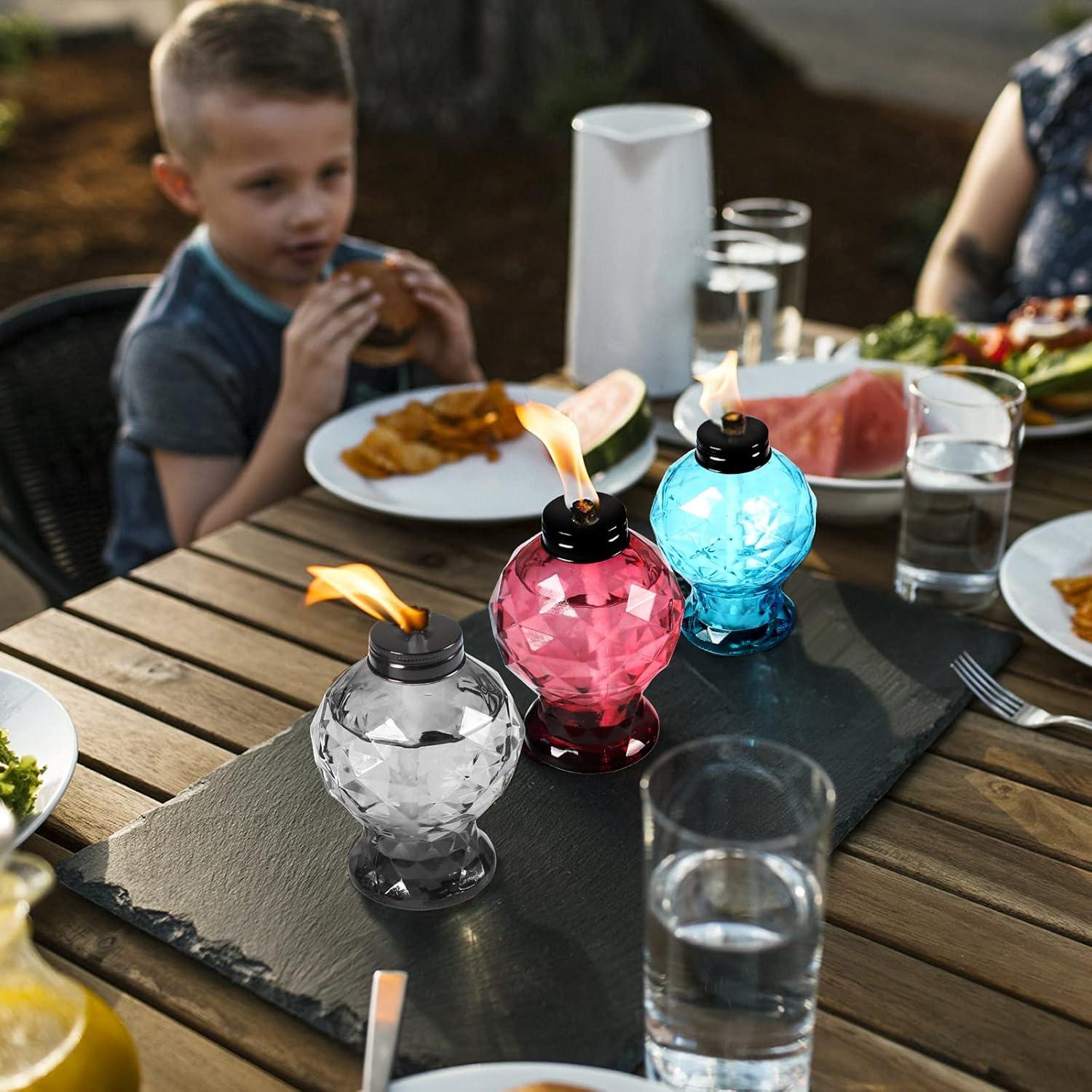 TRAHOO-4 Pack Glass Table Top Light Torches for Outside, Easy to Refill Glass Citronella Torches Outdoor Lanterns, Wick and Cap Included Torch for Garden Patio Yard Party