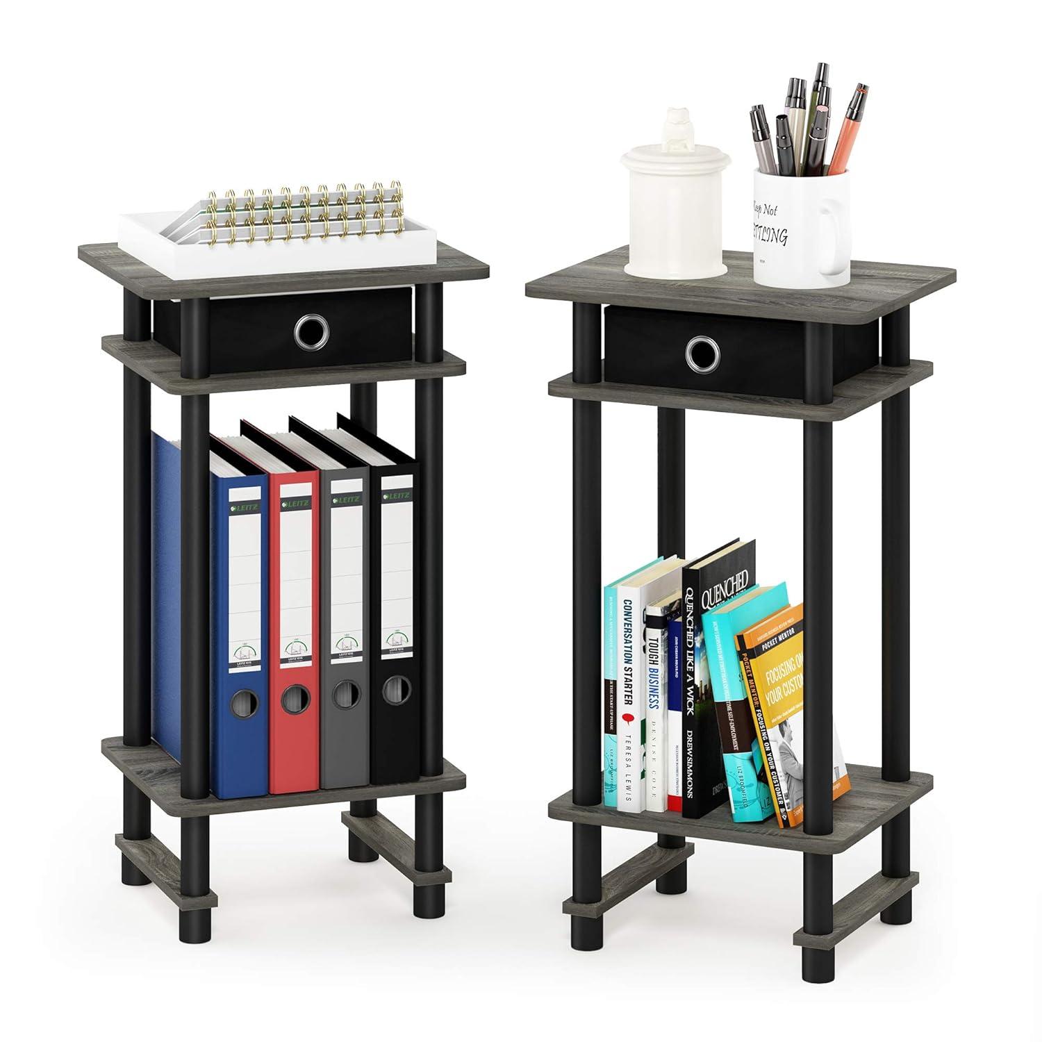 Furinno 2-17017 Turn-N-Tube Tall End Table with Bin, French Oak Grey/Black/Black, Set of 2