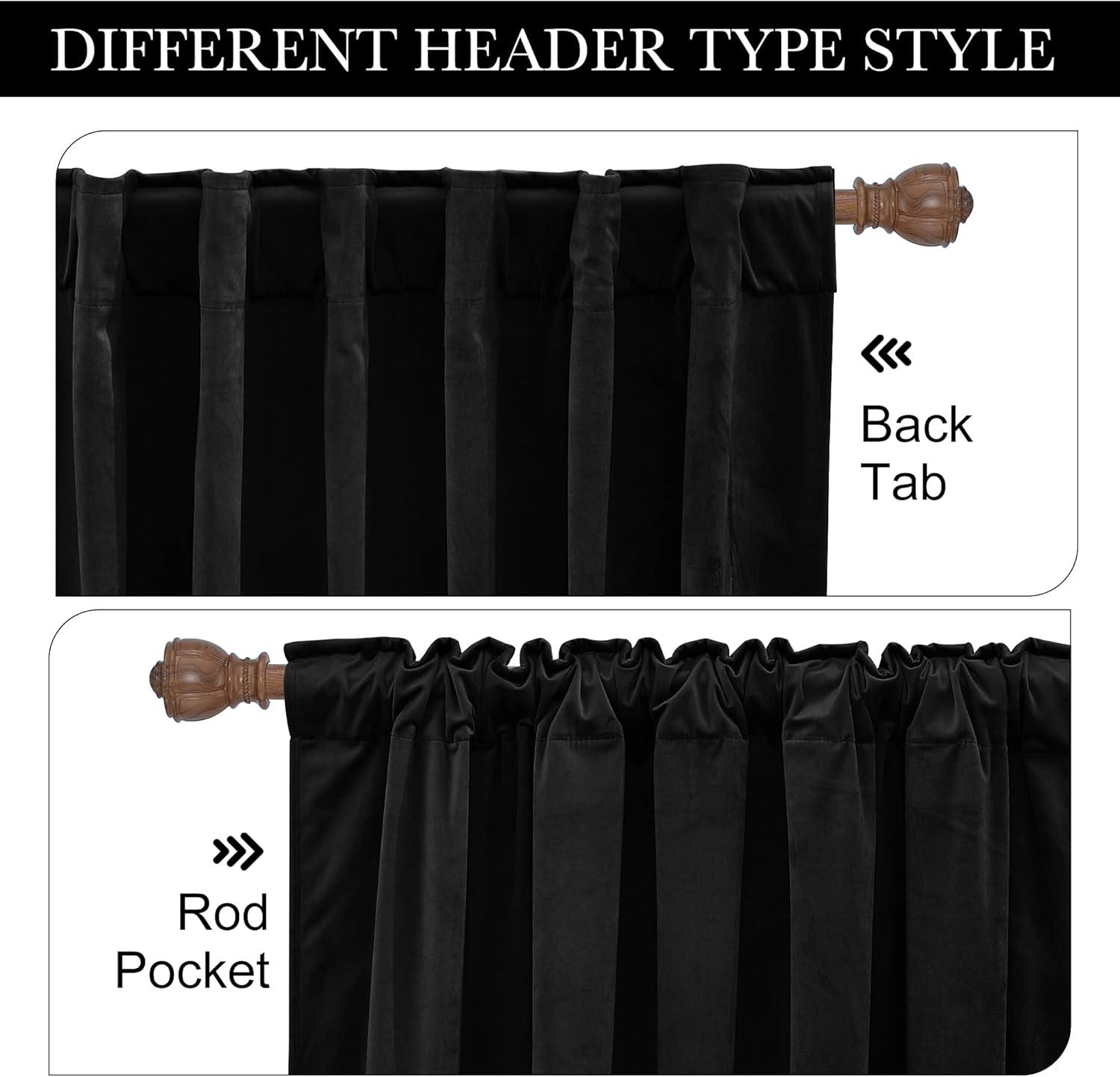 JIUZHEN Black Velvet Curtains for Living Room -96 inches Long Rod Pocket Thermal Insulated Room Darkening Window Drapes for Bedroom, Set of 2 Panels with Tiebacks, 52 x 96 inches