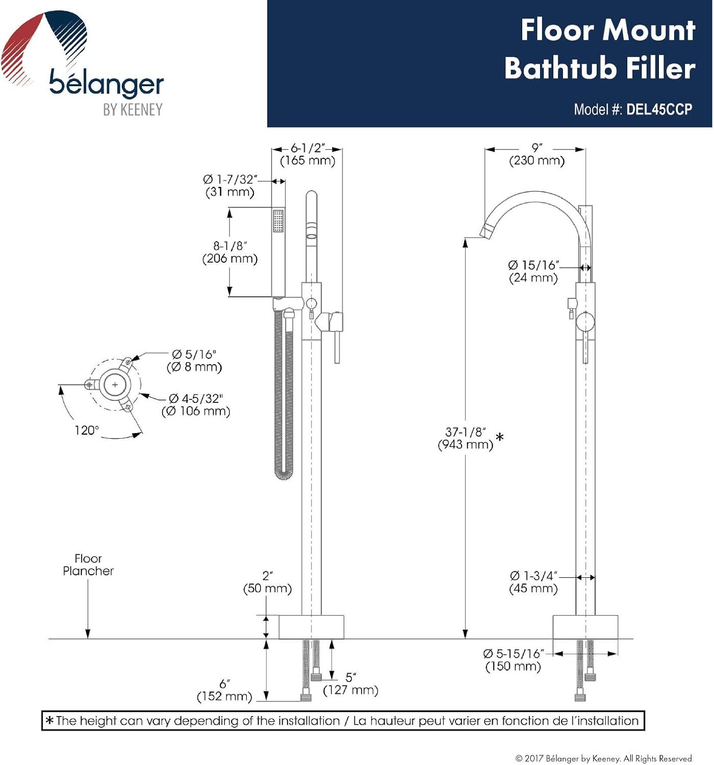 Belanger Floor-Mounted Free Standing Bathtub Faucet with Swivel Handheld Shower, Polished Chrome