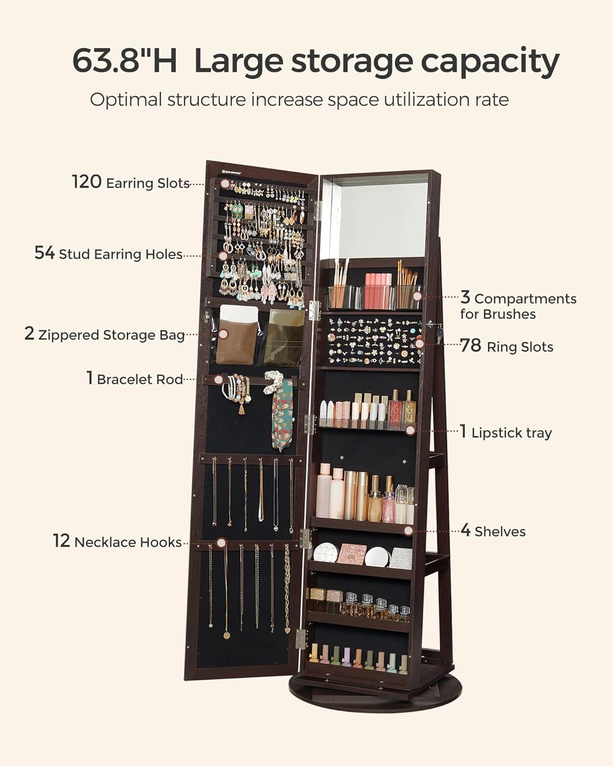 360° Swivel Jewelry Cabinet with Full Length Mirror Modern Adult Accessory Armoire, Brown