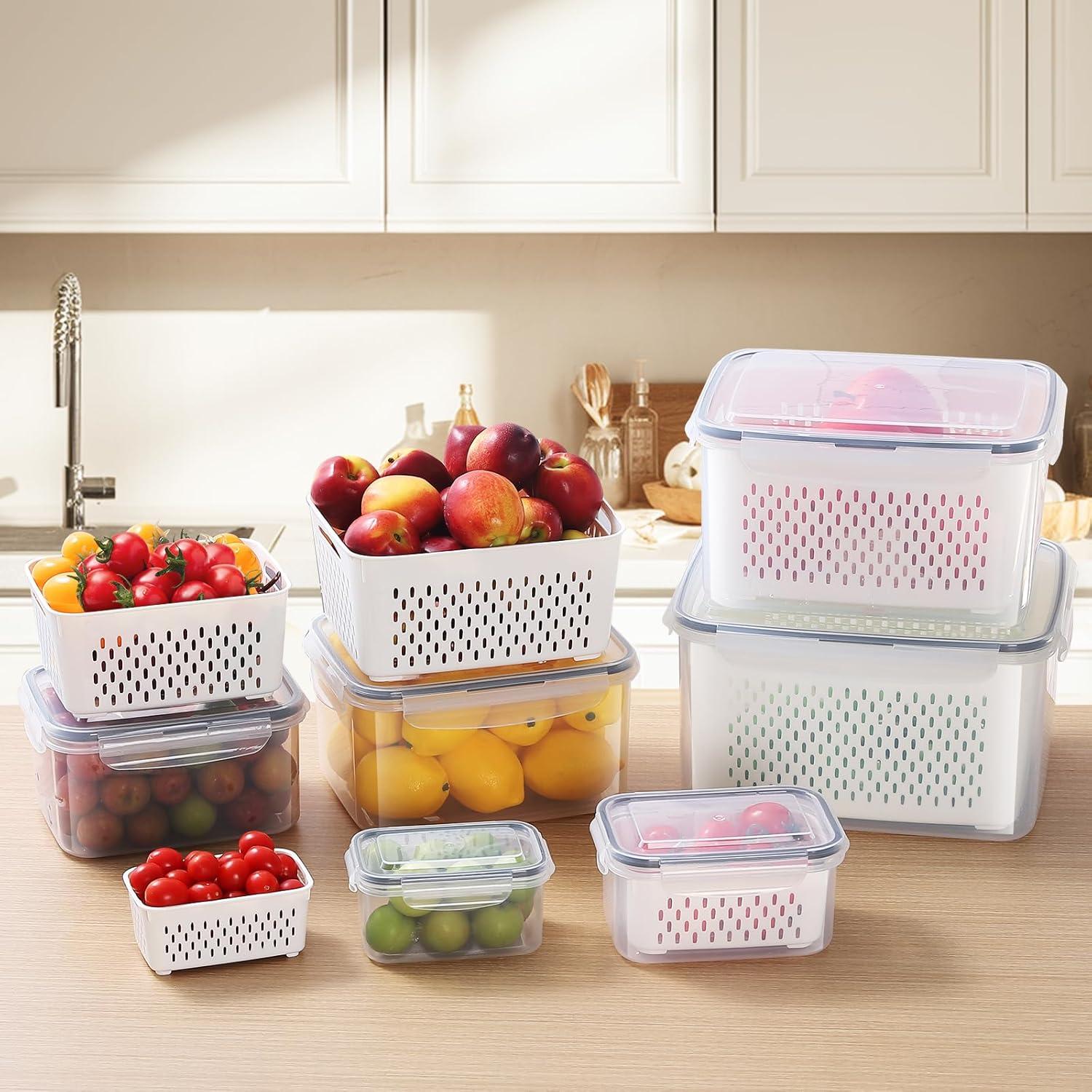 6 PCS Large Fruit Containers for Fridge - Leakproof Food Storage Containers with Removable Colander - Dishwasher & Microwave Safe Produce Containers Keep Fruits, Vegetables, Berry, Meat Fresh longer…