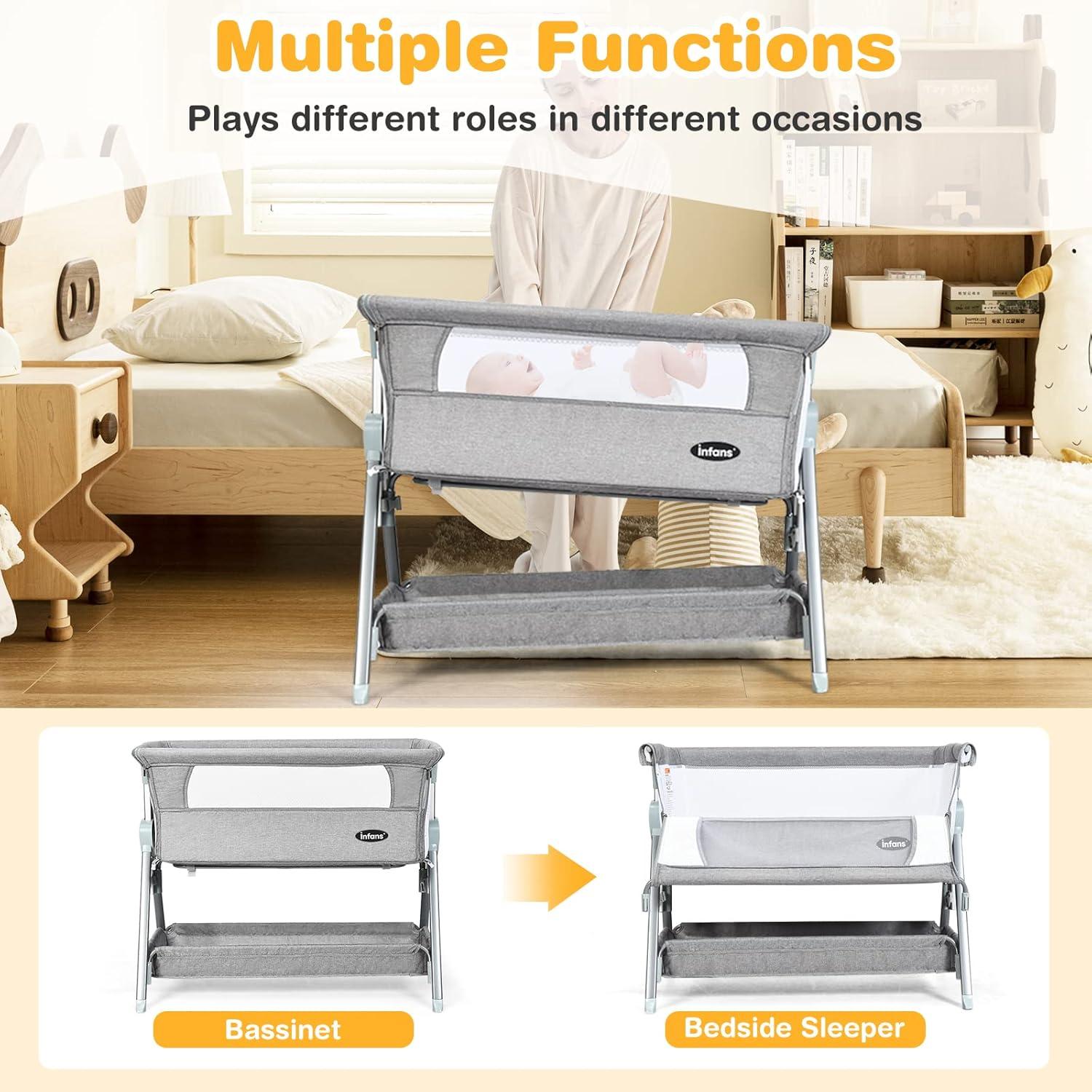 OLAKIDS Baby Bassinet Bedside Crib, Newborn Sleeper w/Large Storage Basket, Adjustable Heights & Angle, Detachable Mattress, Breathable Mesh, Easy Moving Bed Side, Dark Grey