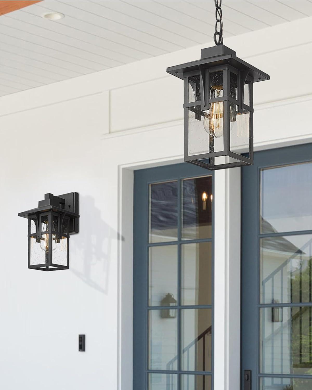 Matte Black Seeded Glass Outdoor Pendant Light