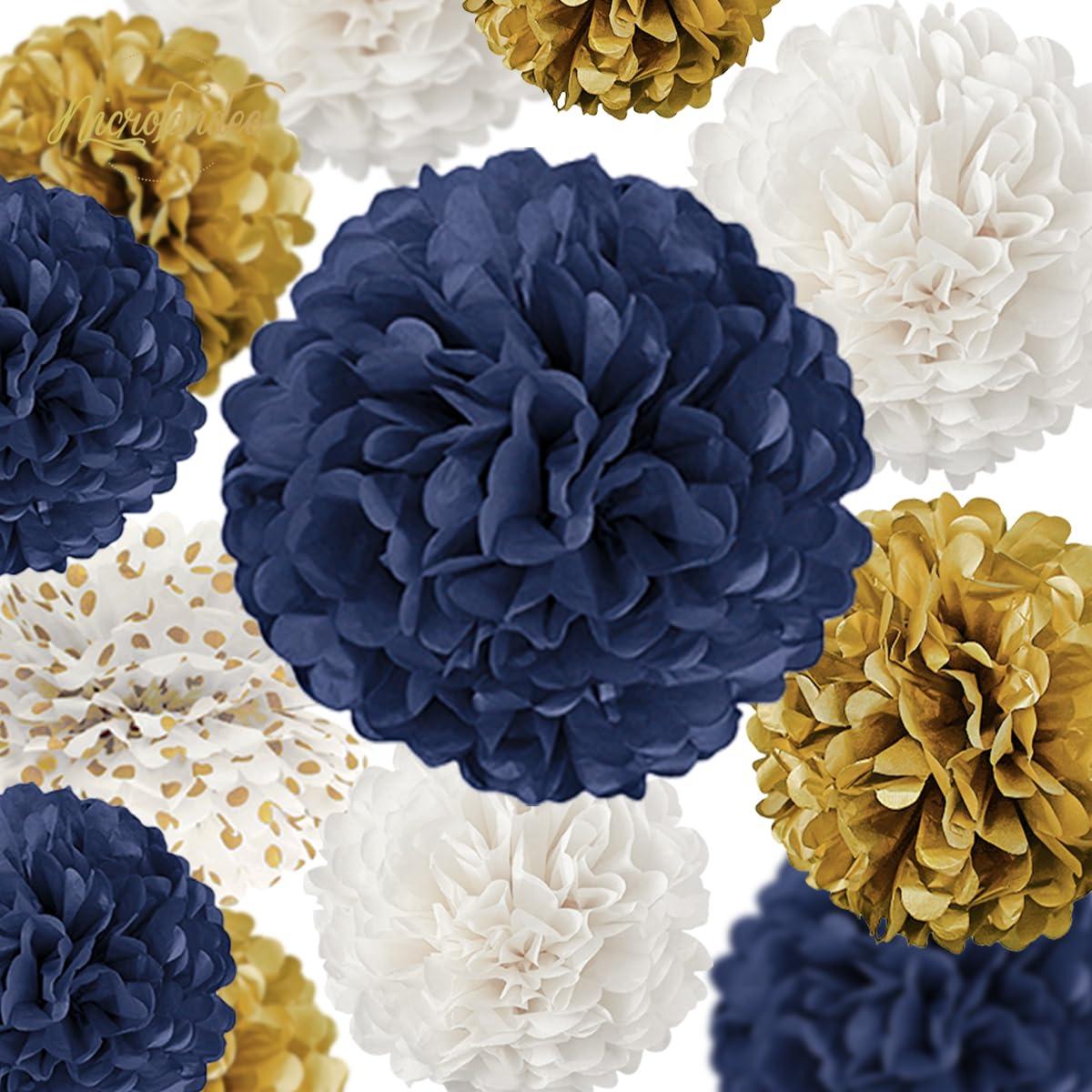 AIM & GGKK Paper Pom Poms Gold Gradient Navy Blue and White Tissue Hanging Paper Pom Poms,Flower Ball Wedding Birthday Party Decoration(12pcs)