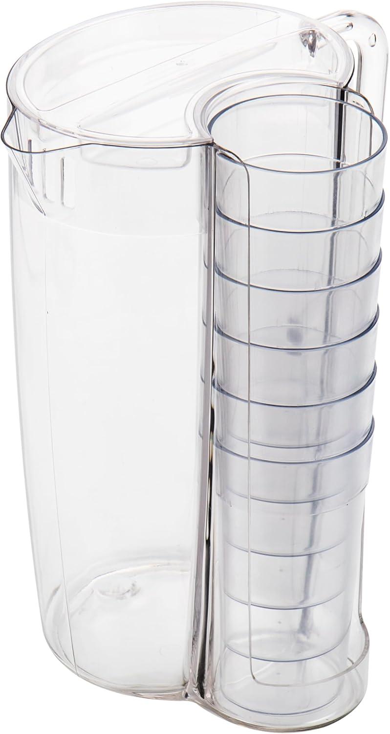 Mind Reader Pitcher and Cup Set, 8 Cups, Drink Pitcher with Lid, Glass Storage, Serving Set, 6.5"L x 6.5"W x 10.5"H, Clear