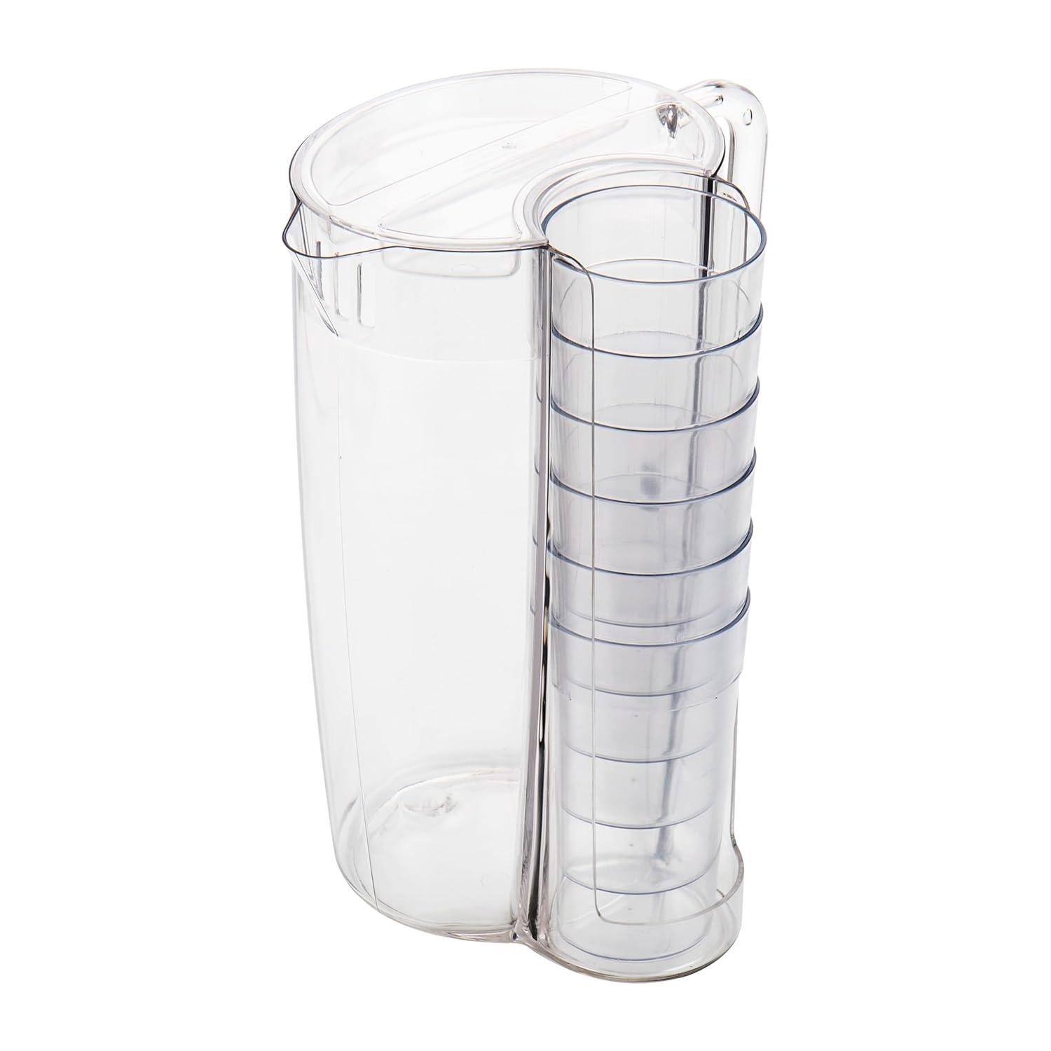 Mind Reader Pitcher and Cup Set, 8 Cups, Drink Pitcher with Lid, Glass Storage, Serving Set, 6.5"L x 6.5"W x 10.5"H, Clear