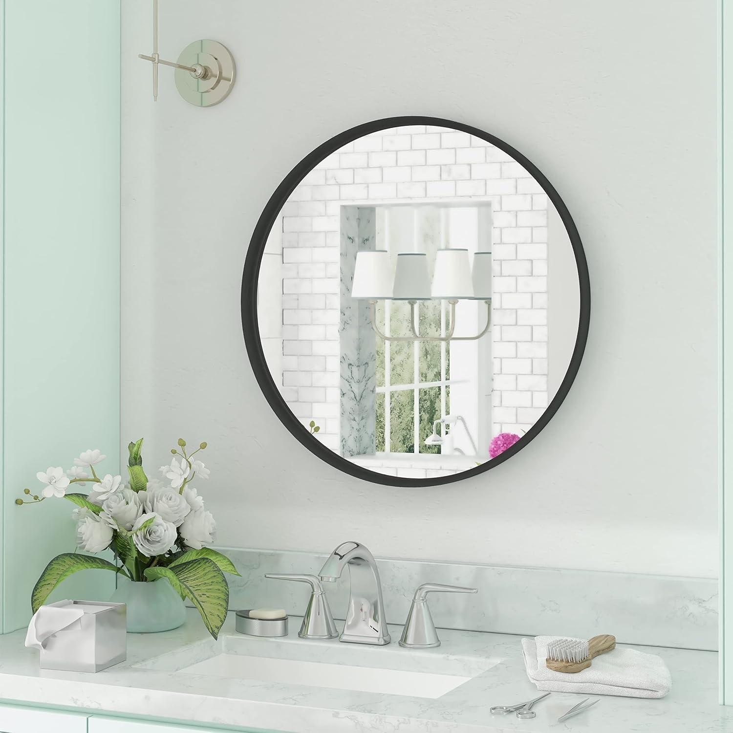 Modern Black Metal Round Wall Mirror for Bathroom, 30 Inch