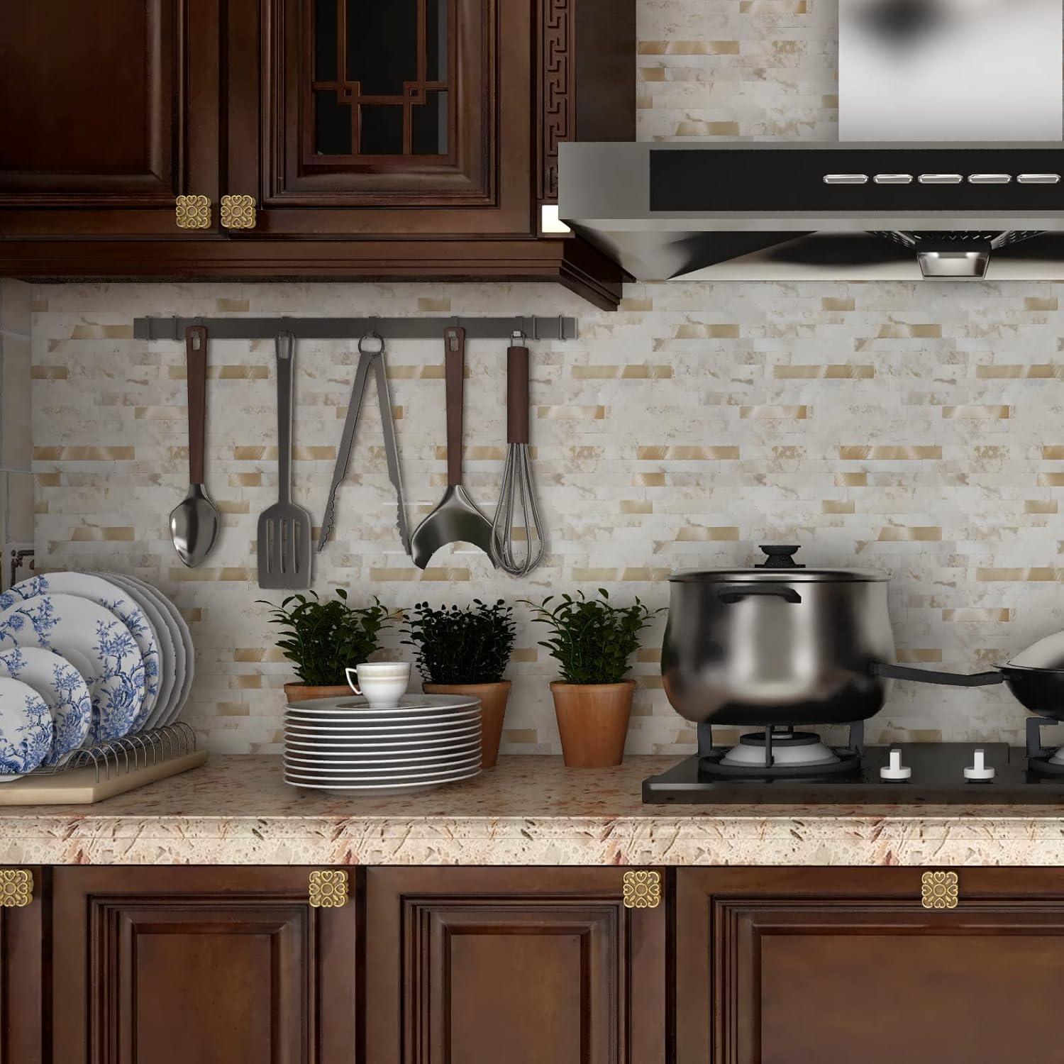 10-Pack Peel and Stick Tile Backsplash 12"X12" PVC Wall Tiles, Stick on Backsplash for Kitchen, Bathroom Tile, Fireplace Décor, Laundry Table, Stair Decals in Cala Golden