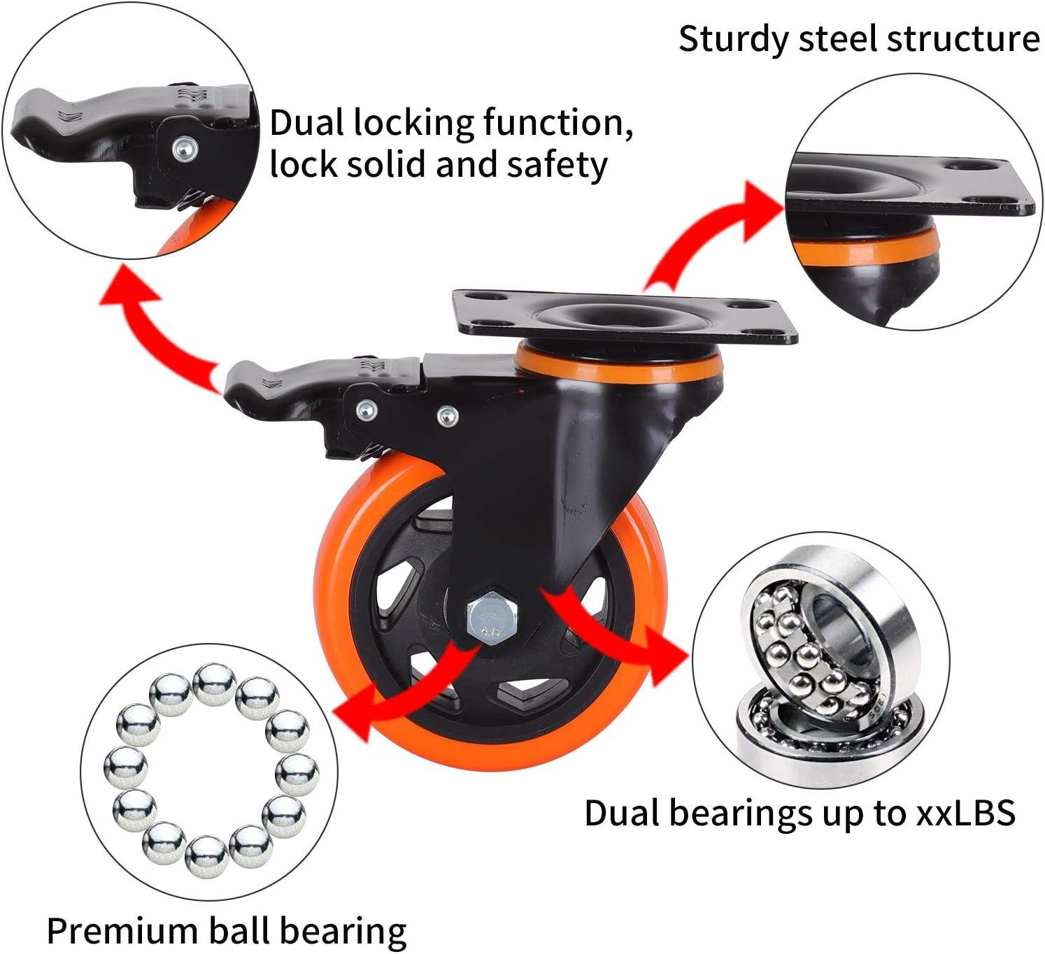 4 Inch Orange Polyurethane Heavy Duty Stem Caster Wheels with Dual Locking