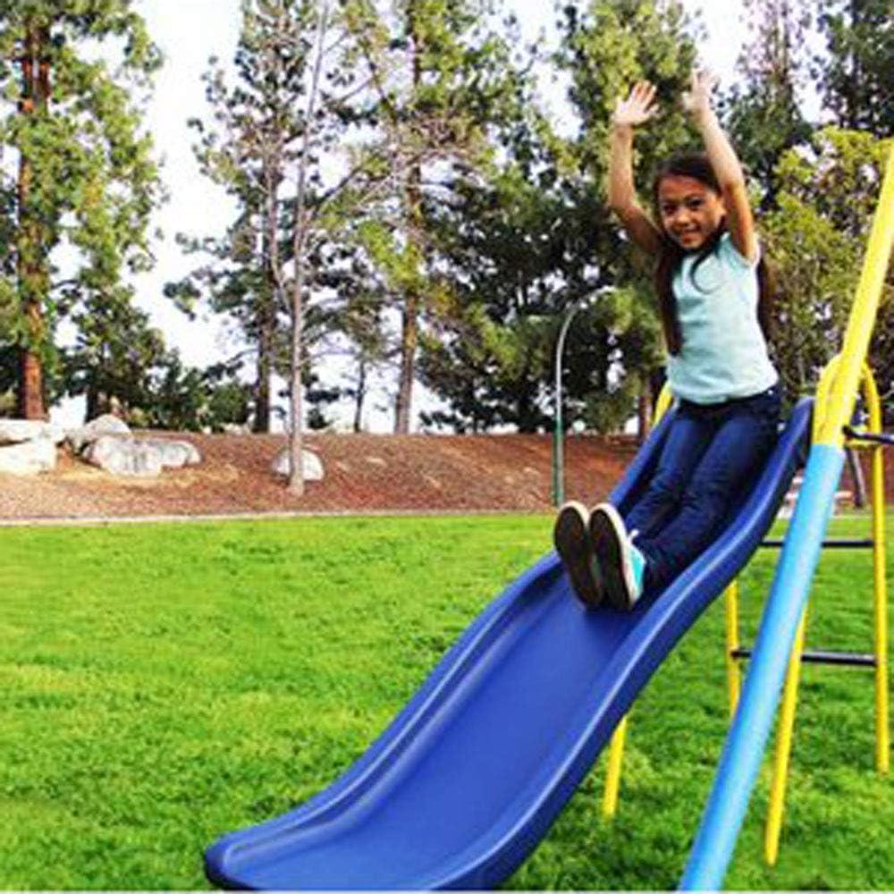 Blue and Yellow Metal Swing Set with Slide and Trapeze