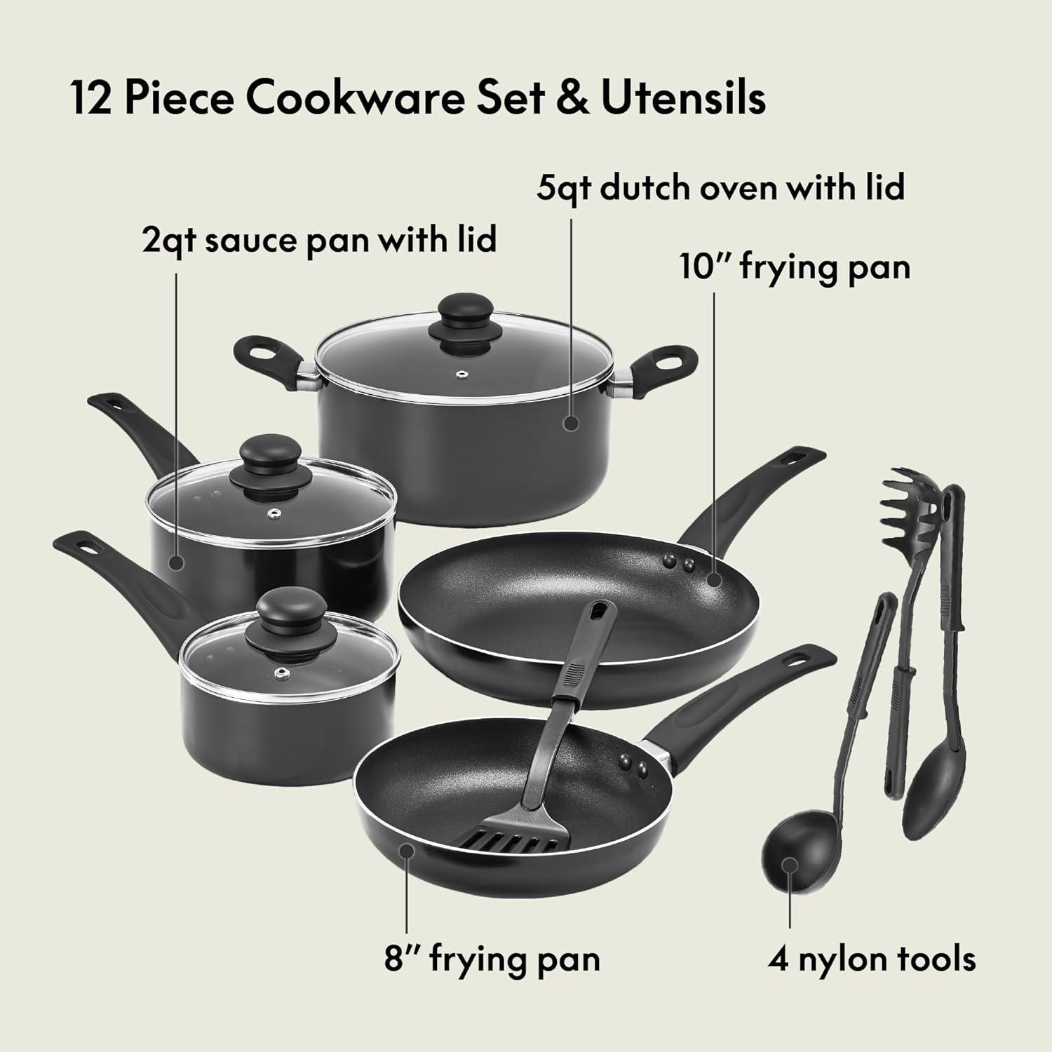 Black 12-Piece Nonstick Aluminum Cookware Set with Utensils