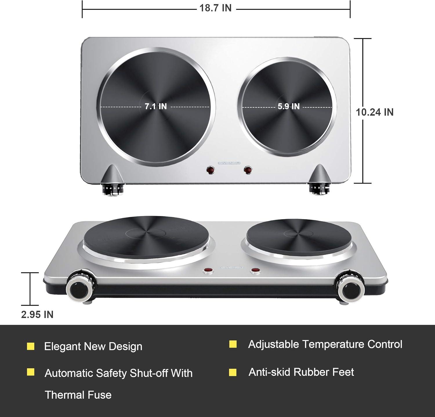 Electric Double Burner Hot Plate for Cooking, 1800W Portable Electric Stove, 6 Speed Adjustable Thermostats, Stainless Steel Hot Plate for Kitchen, Dorm and Camping