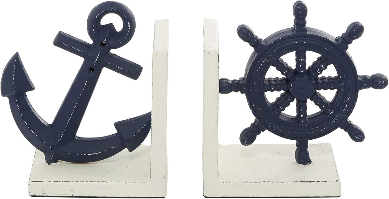 DecMode 6" Anchor and Ship Wheel Blue Metal Bookends (Set of 2)