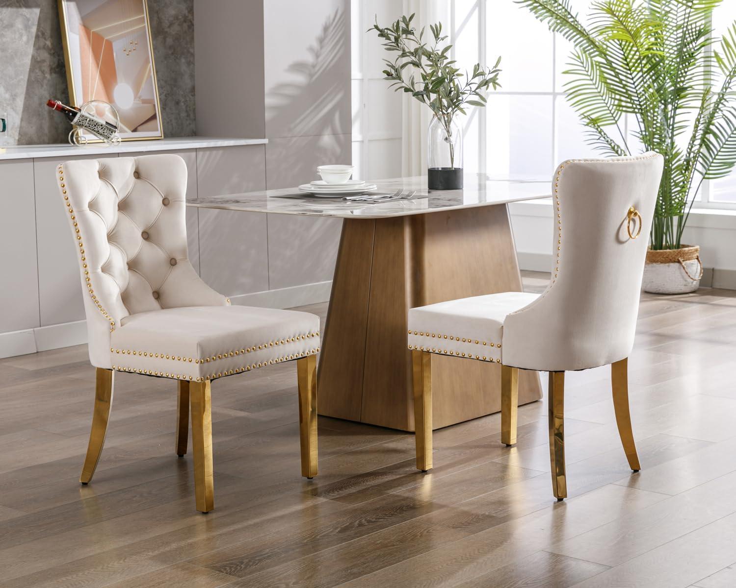 Beige Velvet Upholstered Dining Chairs with Gold Metal Legs, Set of 2