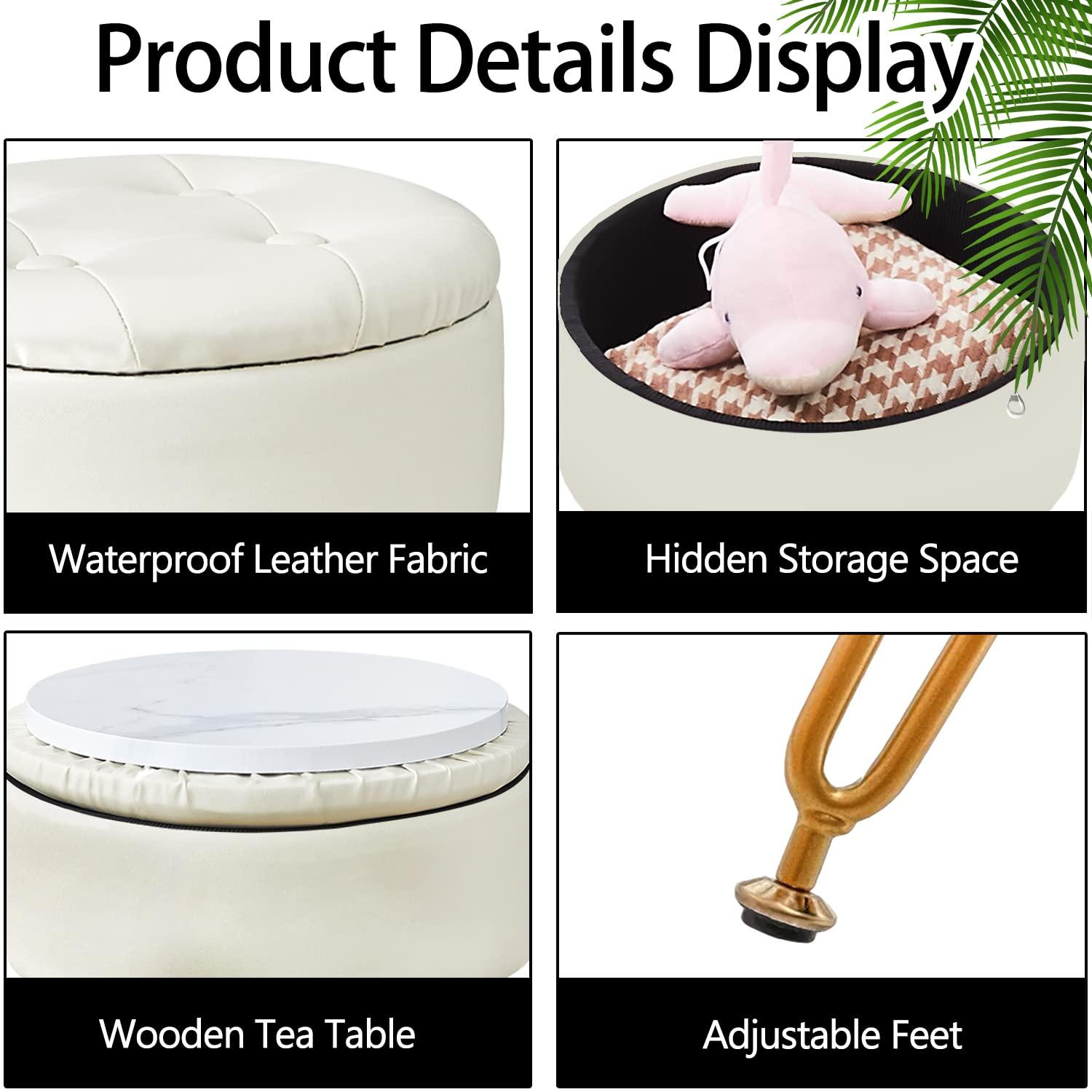 Cpintltr Storage Ottoman Oil Wax Faux Leather Round Footrest Stool Multifunctional Upholstered Ottoman with Metal Legs Modern Vanity Stools Tray Top Coffee Table for Living Room Bedroom White