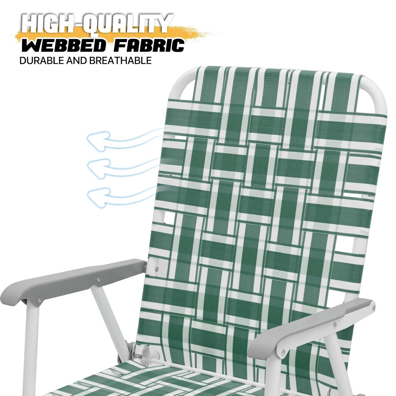 MoNiBloom Folding Webbed Beach Chairs Set of 2, Portable Camping Woven Seats with Armrests, for Outdoor Patio Lawn, Dark Green