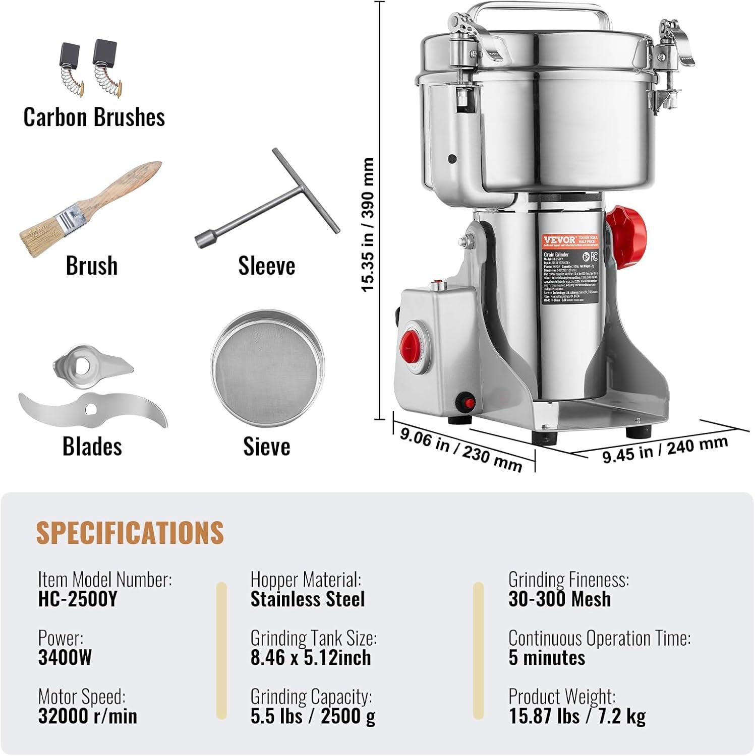 VEVOR 2500g Stainless Steel Electric Commercial Grain Mill Grinder