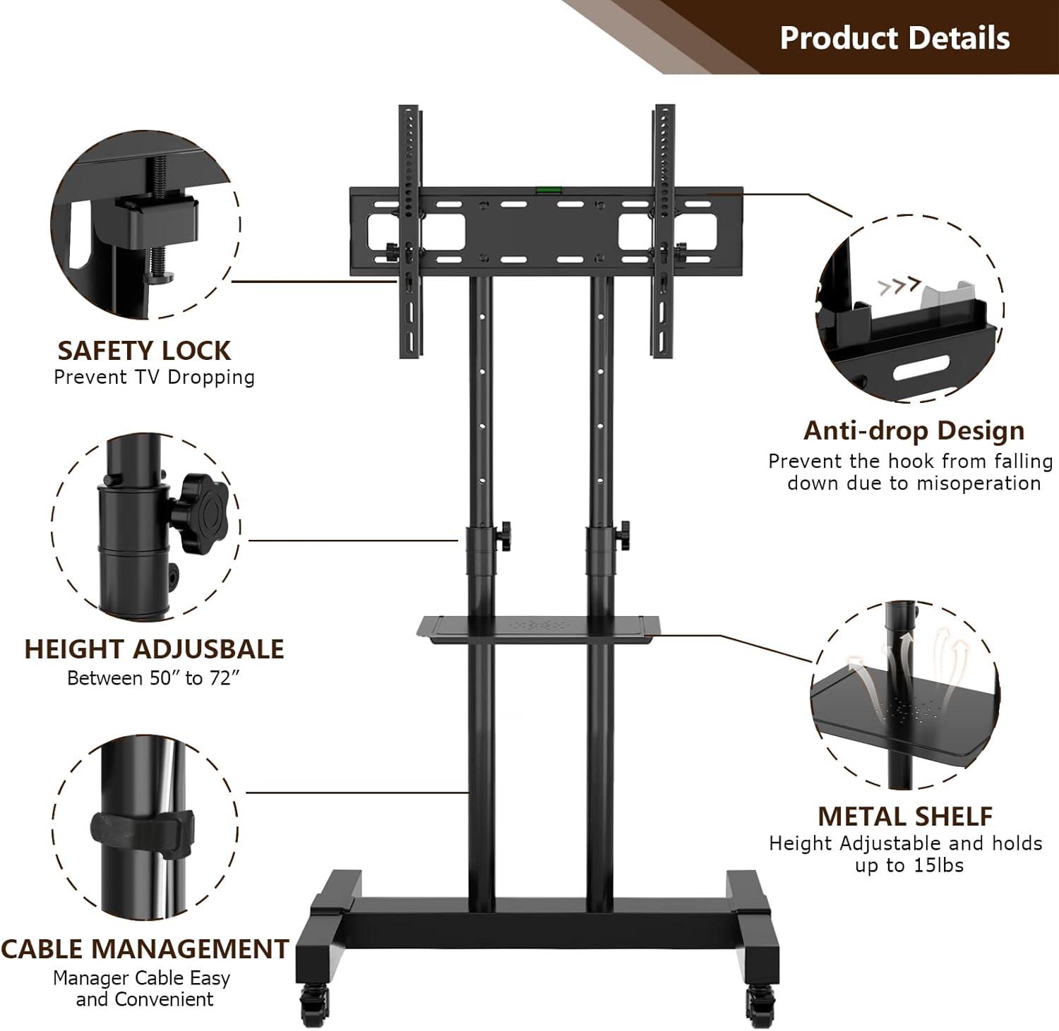 TAVR Dual Mobile TV Stand Rolling TV Cart Floor Stand with 2 TV Brackets on Locking Wheel Height Adjustable Shelf for 32-70 inch Flat/Curved Screen Gaming Console Display,Loading 110 lbs