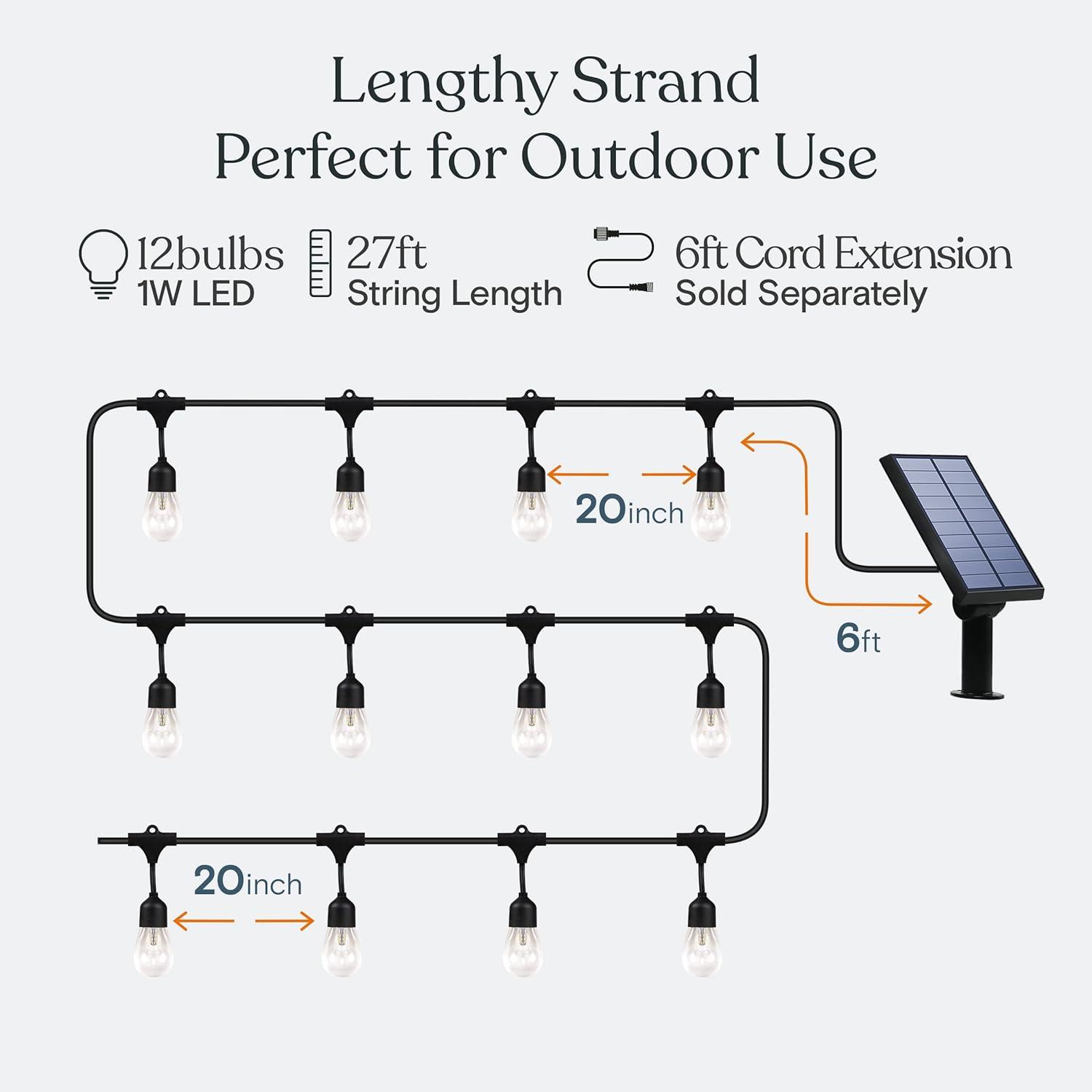 Brightech Ambience Pro 48 ft. Solar-Powered Outdoor LED String Lights with 15 Warm White S14 Bulbs, Weatherproof and Commercial-Grade Cord