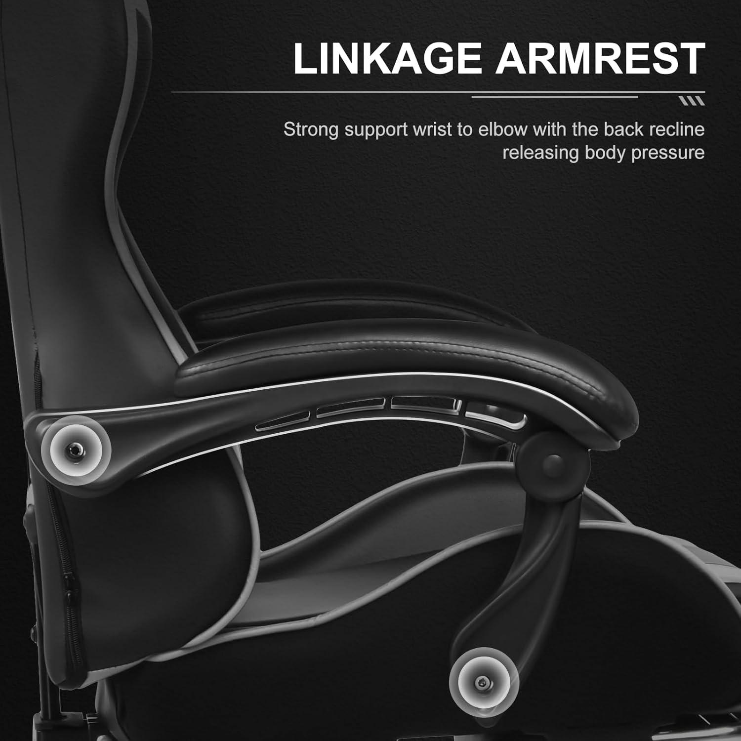 White and Black Ergonomic Gaming Chair with Footrest and Lumbar Support