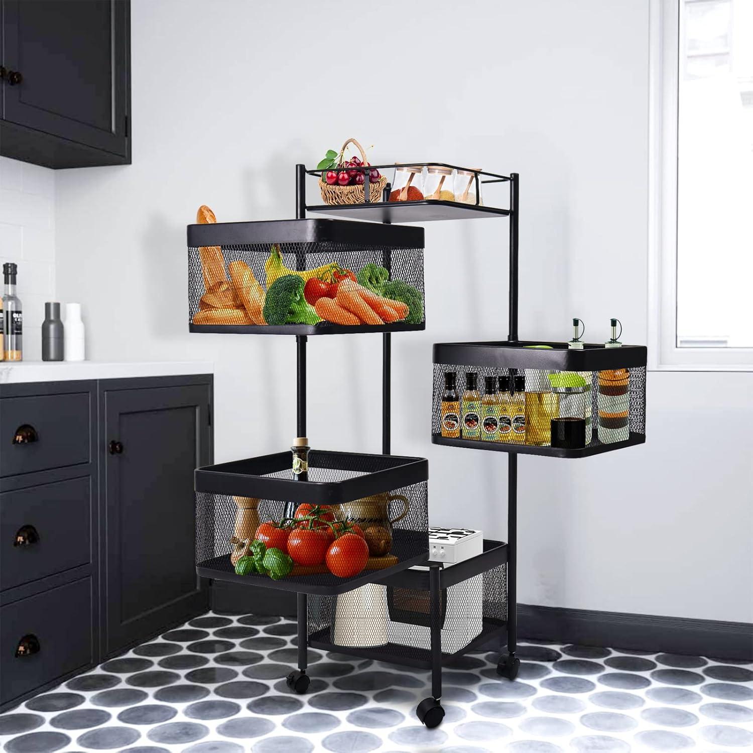 Black Metal 4-Tier Rotating Kitchen Storage Cart with Swing Out Shelves