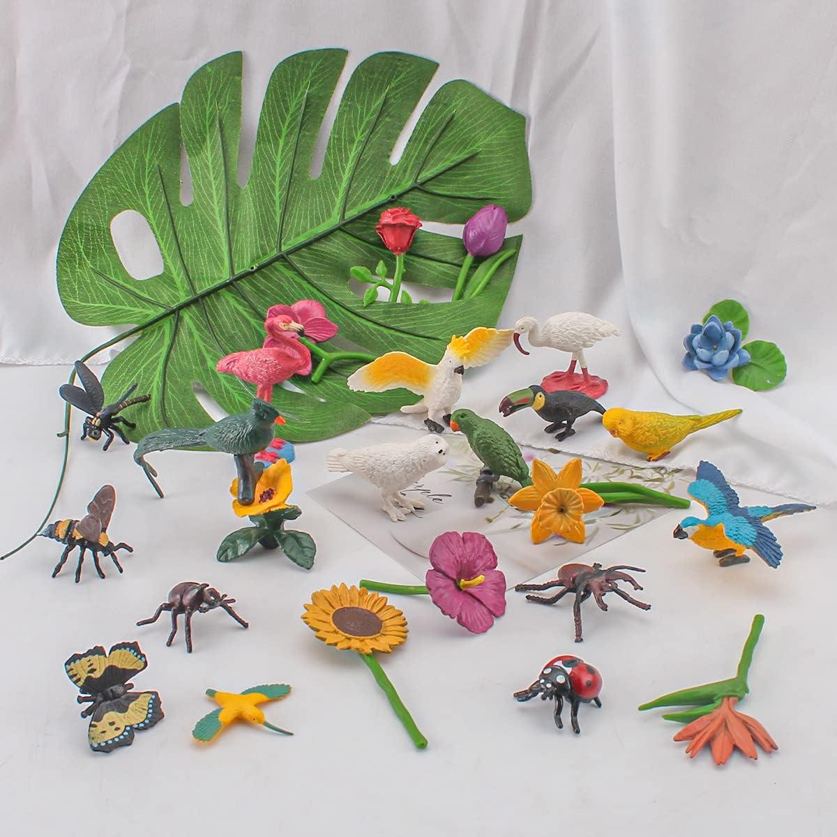 24PCS Realistic Bird Animals Figurines Plastic Flower Toys Mini Insect Toys Set for Toddlers Age 3+ Educational Project Diorama Kids for Preschool Children