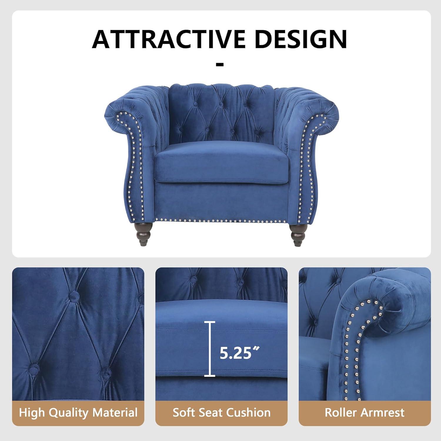 Blue Velvet Chesterfield Accent Chair with Wood Legs