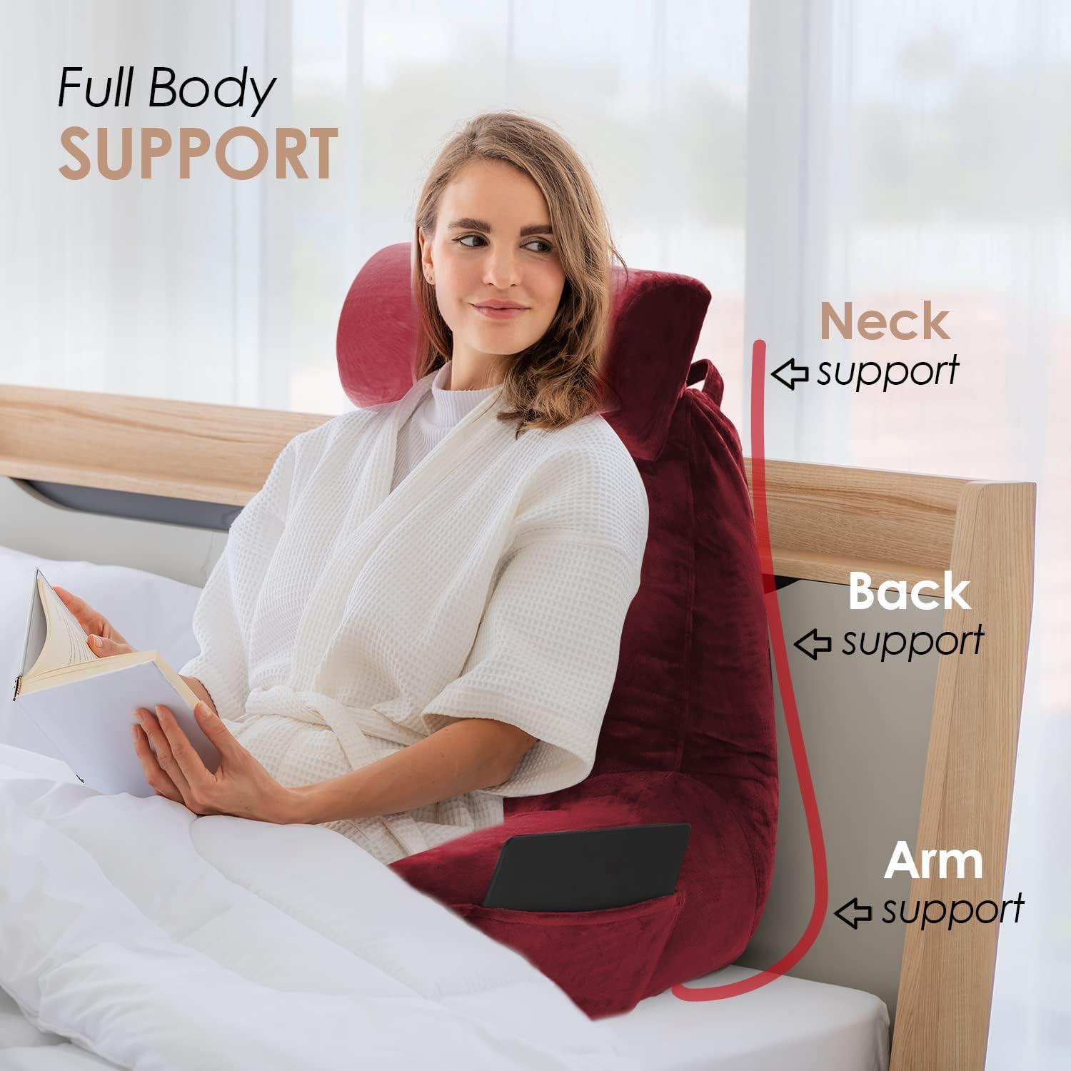 Nestl Reading Pillow with Shredded Memory Foam Includes 2 Neck and Lumber Support Pillows, Designed for Sitting Up in Bed and Couch, Back and Arms Adjustable Support for Adult & Teens, Red