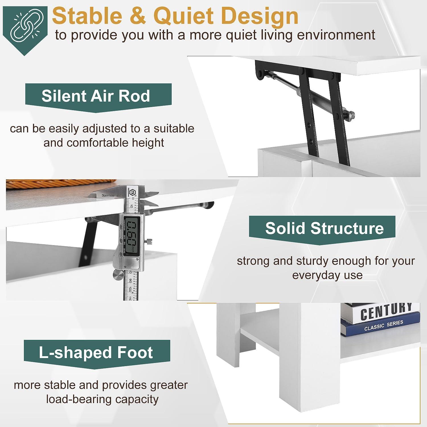 FDW Coffee Tables with Hidden Compartment and Storage Shelf Wooden Lift Tabletop Dining Table for Living Room Home (White)