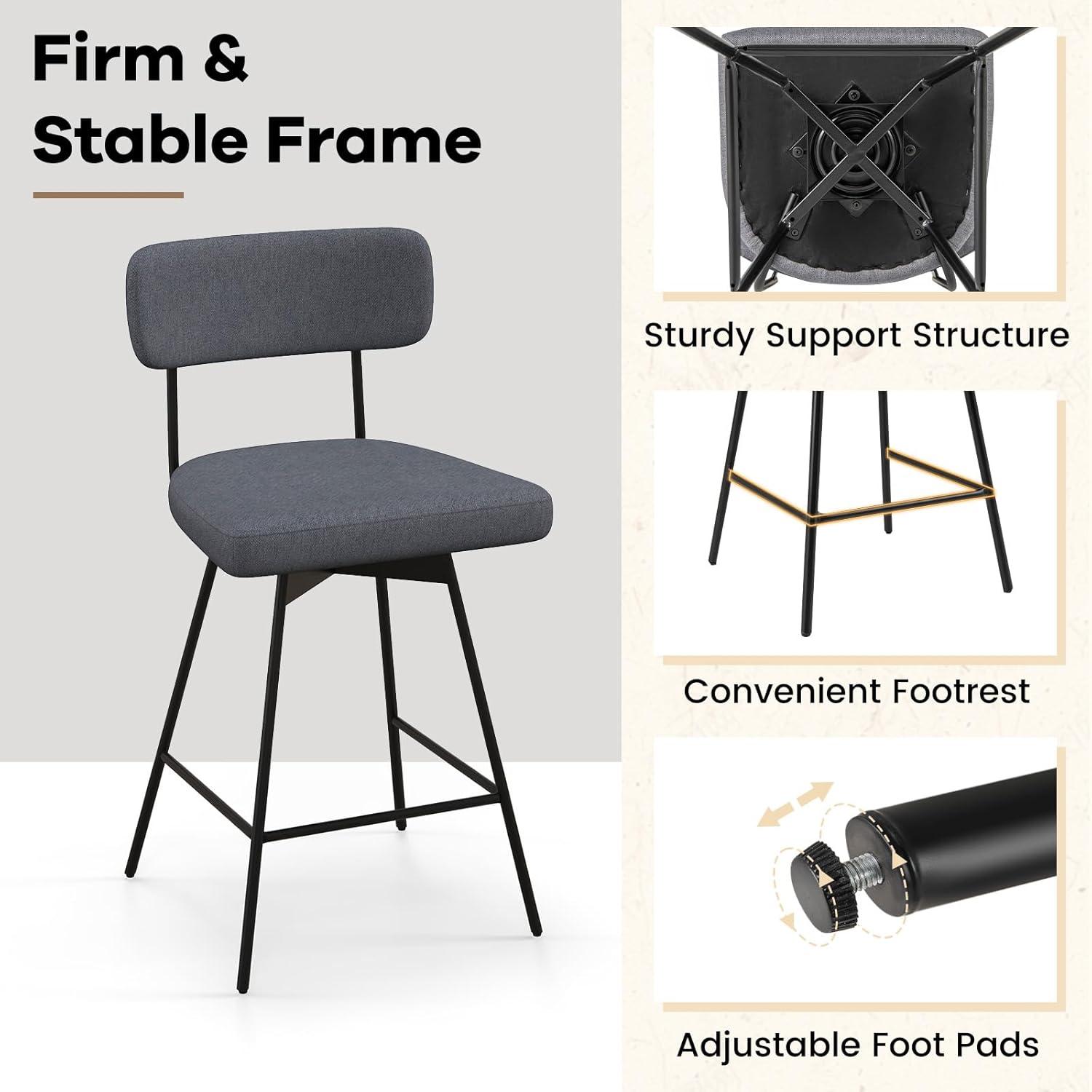 Kadyn Bar Stools, Barstools, Counter Stools, Island Stools, Bar Chairs,25 Inch 2-Piece Modern Upholstered Bar Stools with Back and Footrests-Gray