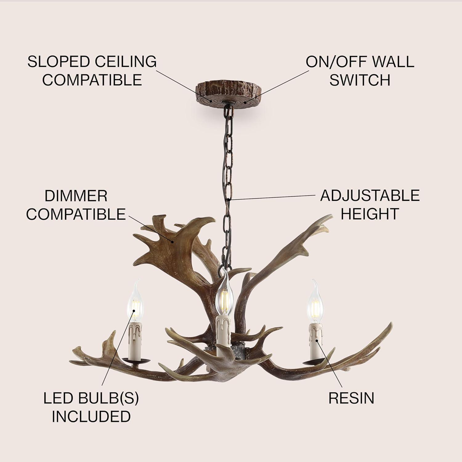JONATHAN Y Speller 27" Adjustable Resin Antler 3-Light LED Chandelier, Brown
