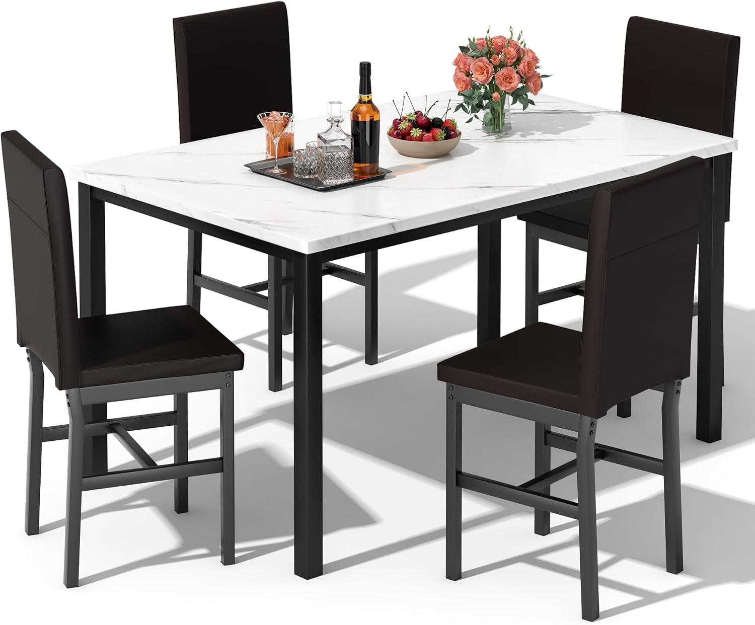 5 Piece Dining Set, Modern Dining Table and Chairs Set for 4, Kitchen Dining Table Set with Faux Marble Tabletop and 4 PU Leather Upholstered Chairs, for Small Space, Breakfast Nook, D8835