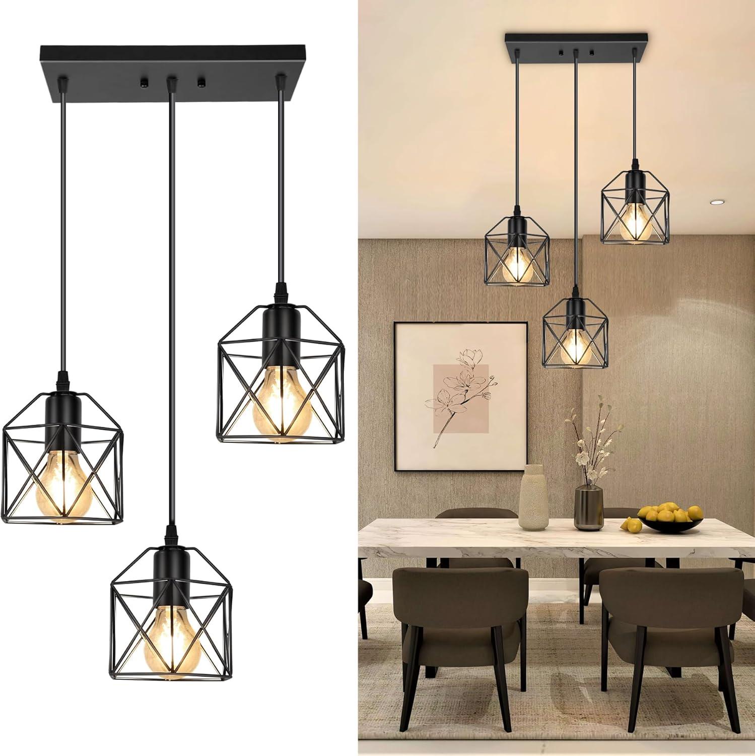 Black Metal 3-Light Adjustable Farmhouse Pendant Light