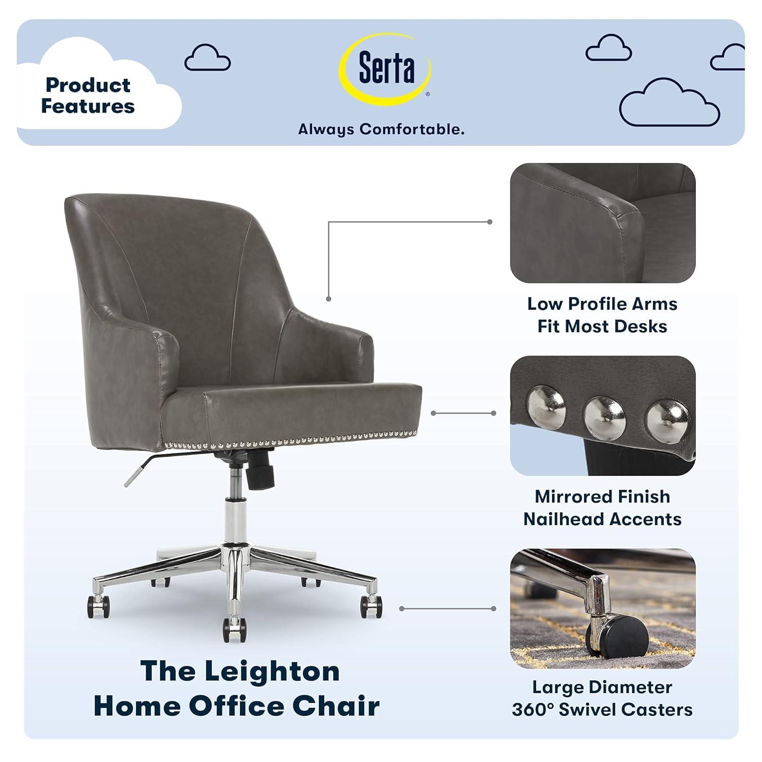 Serta Style Leighton Home Office Chair Gathering Dark Gray: Upholstered, Adjustable, with Fixed Arms