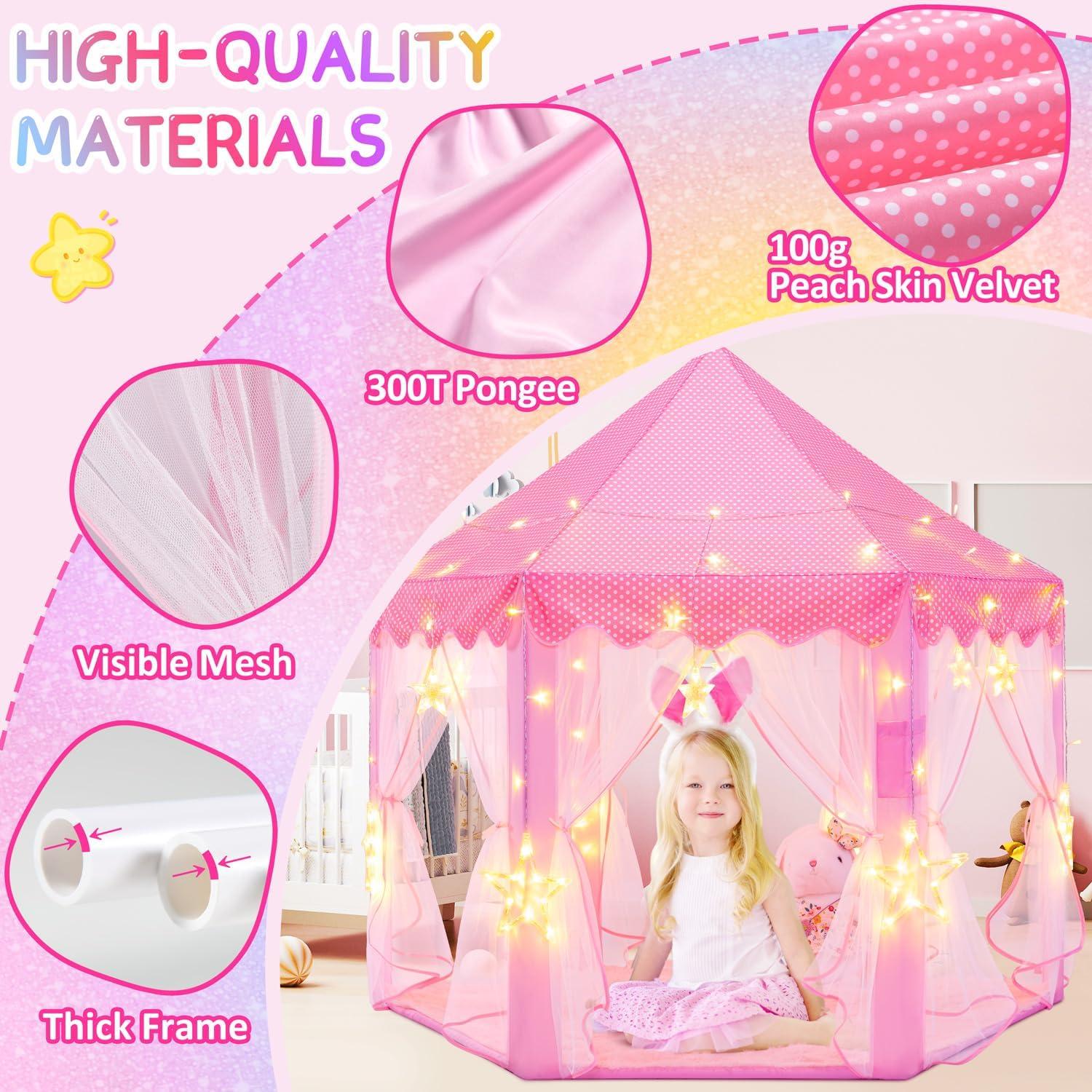 EVOIONOS Princess Tent for Girls, Kids Play Tent with LED Star Lights, Castle Playhouse for Children Indoor Outdoor Games, 55X53 inches, Pink
