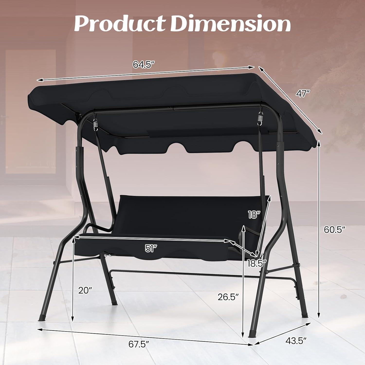 Black Steel Frame 3-Person Patio Swing with Adjustable Canopy