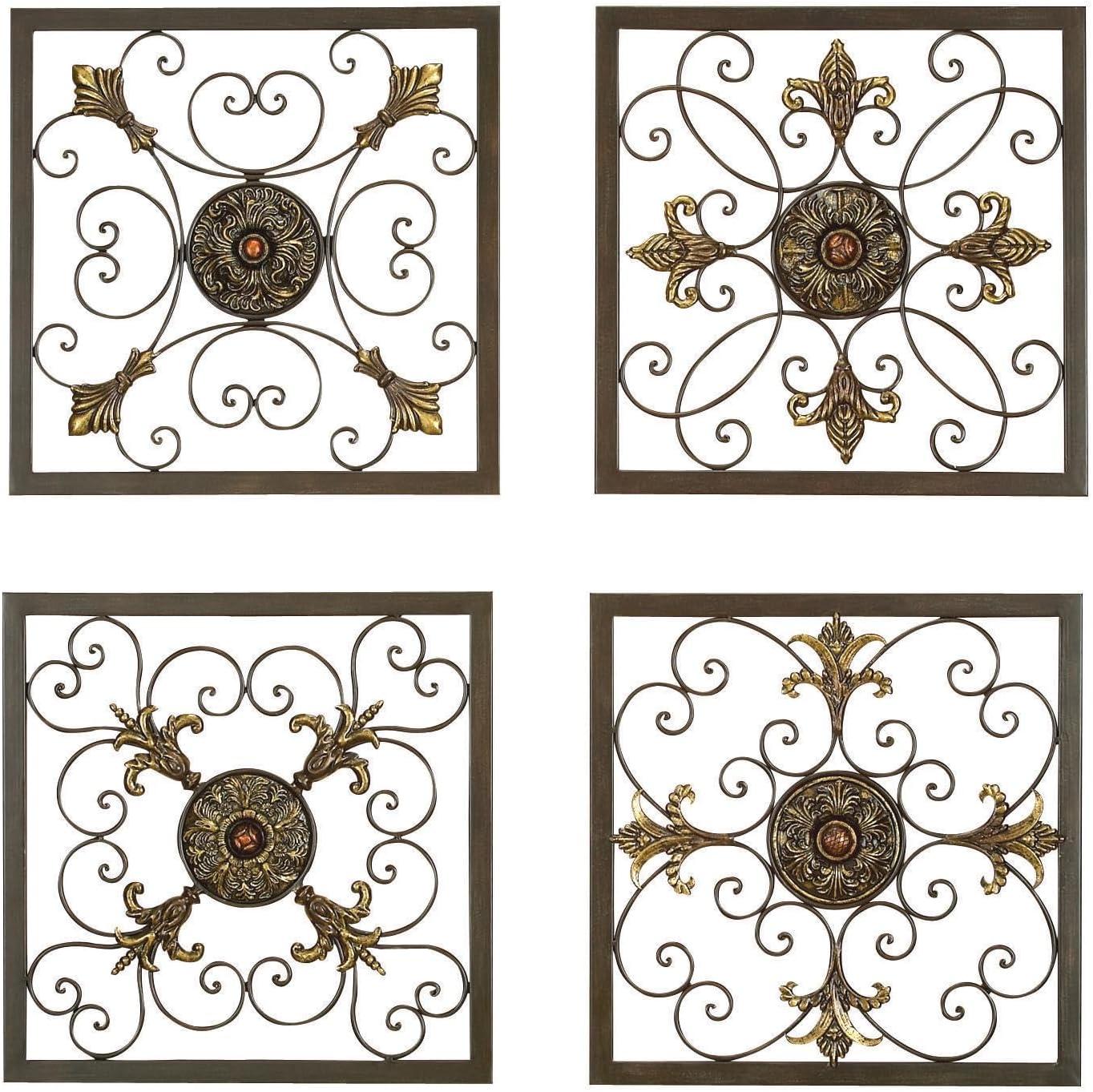 DecMode Rustic Brown Square Metal Wall Décor Set of 4 14"W x 14"H