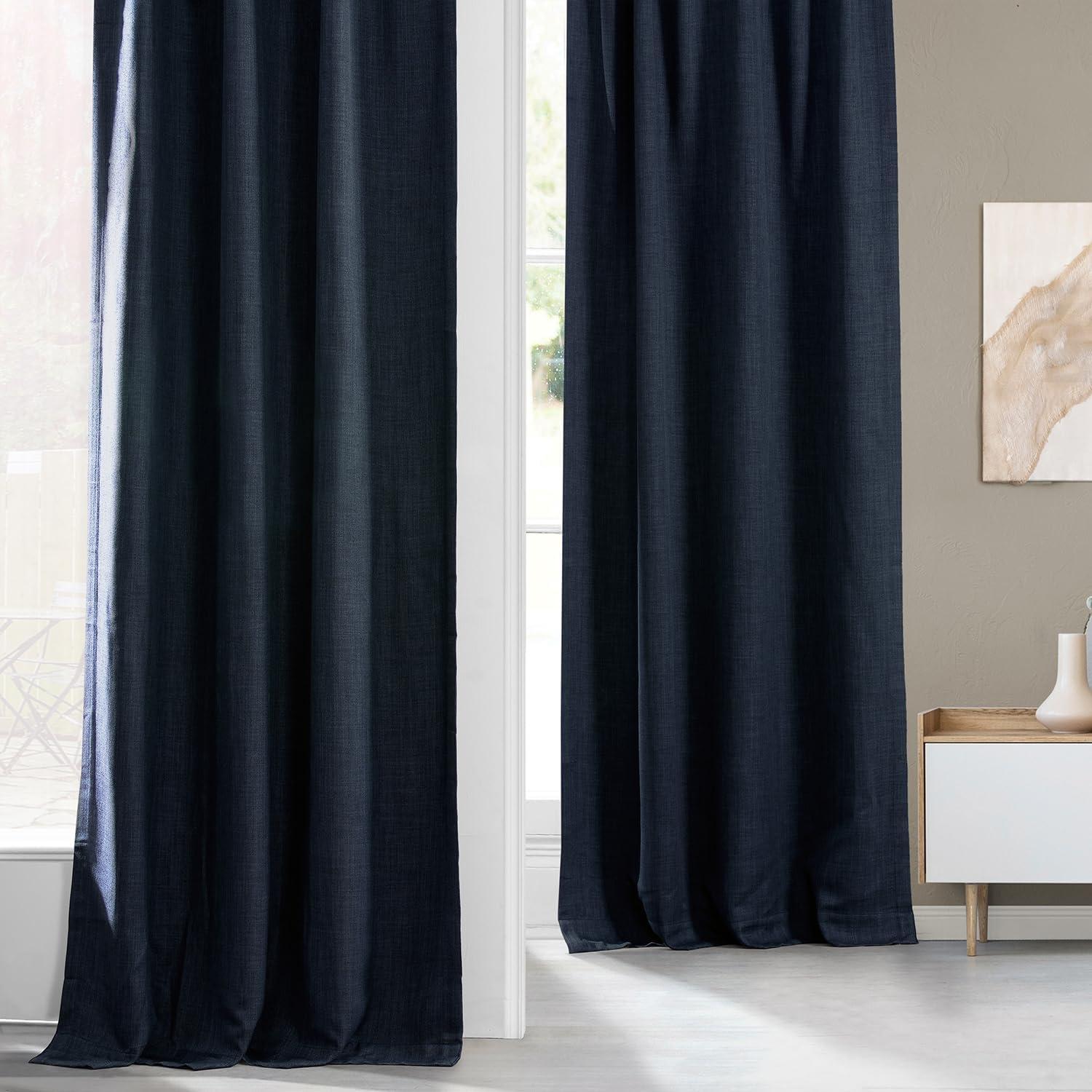 Nightfall Navy Blue Faux Linen Room Darkening Curtain - 50 in. W x 96 in. L (1 Panel)