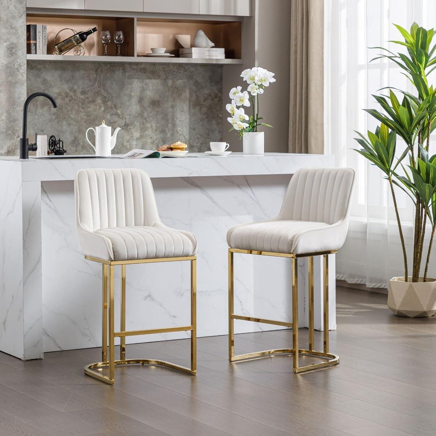 Counter Height Stools Set of 2, Velvet Bar Stools with 27 Inches Upholstered Seat Height, Handmade Woven Back Armrest, Sturdy Golden Metal Legs for Home Dining Pub Kitchen Island, Beige