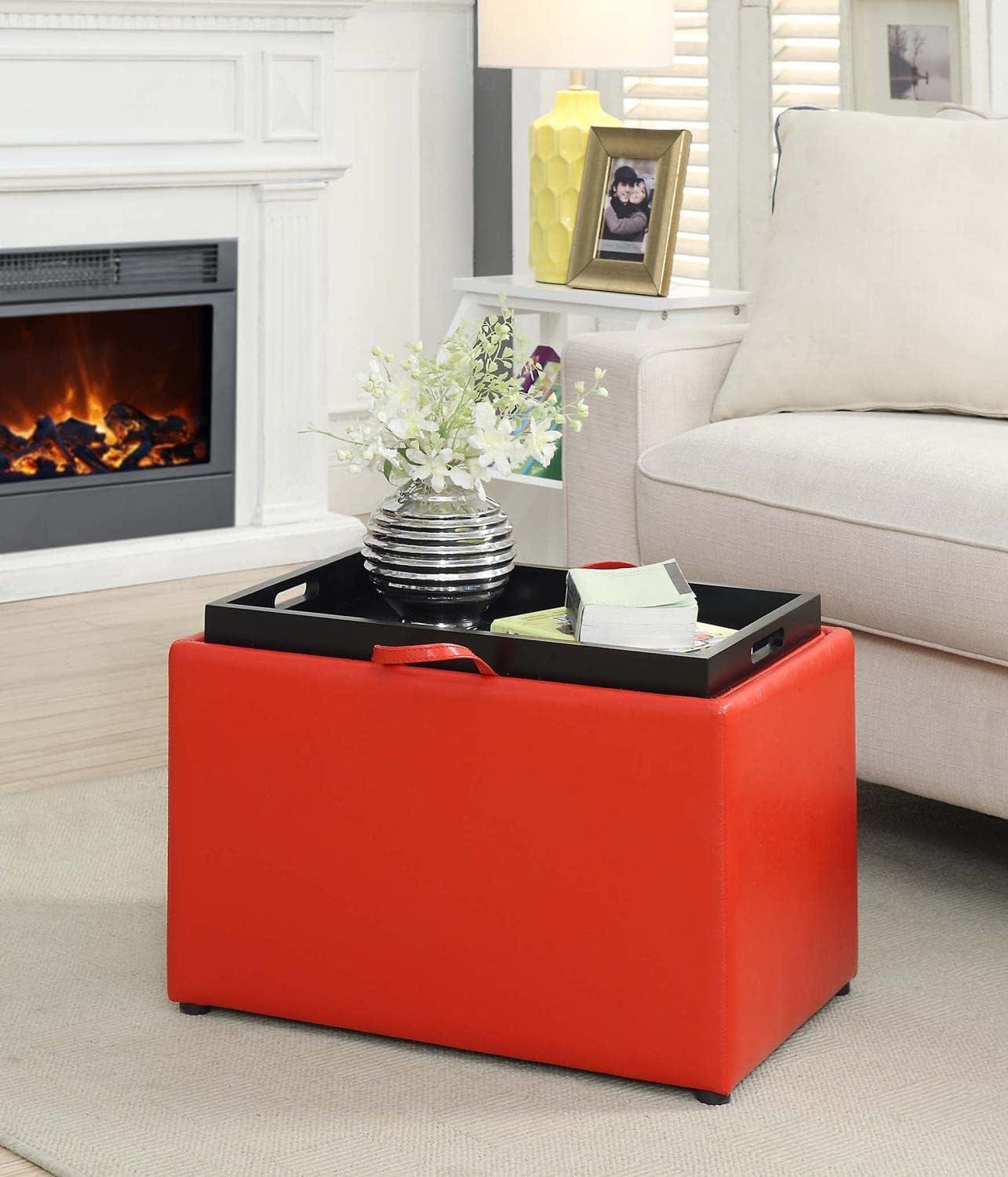 Versatile Bright Red Faux Leather Ottoman with Reversible Tray