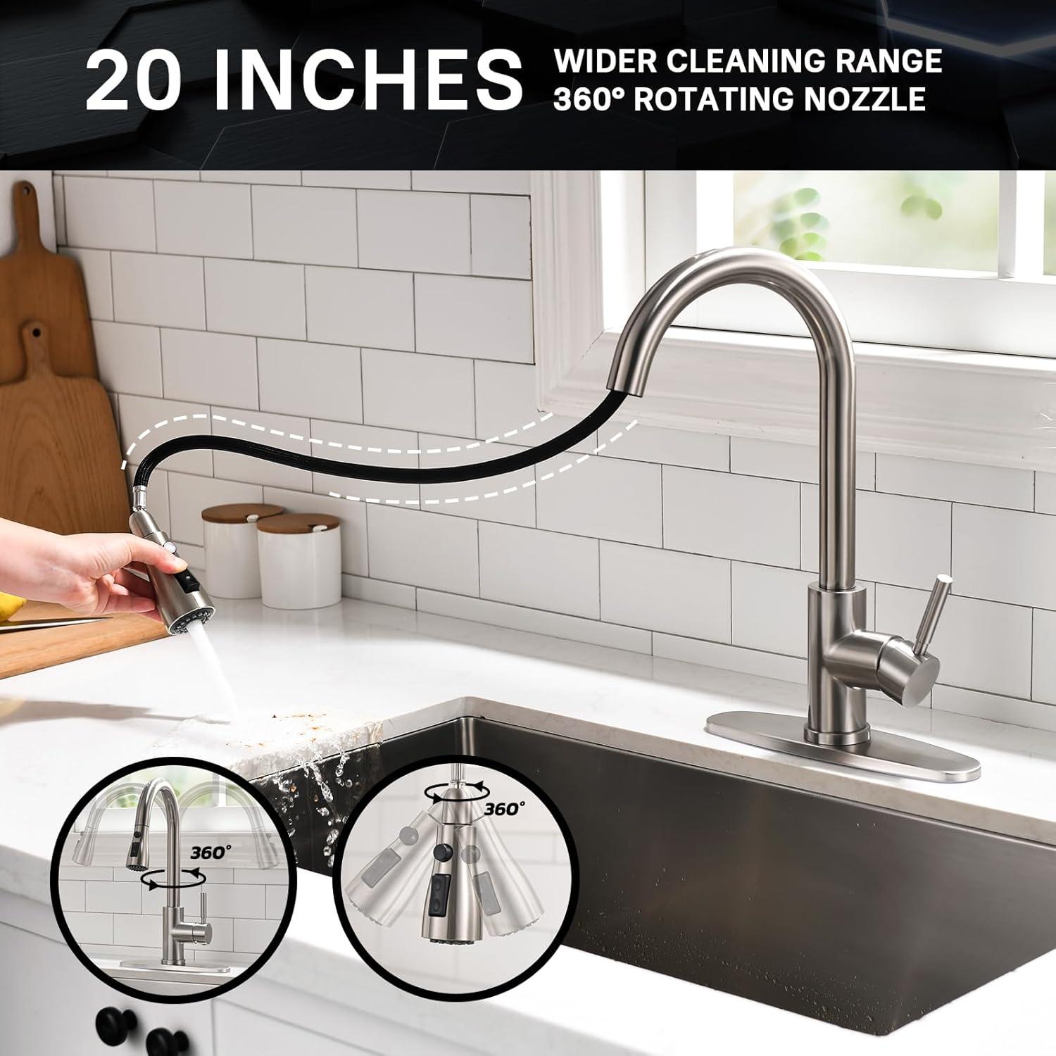 Single Handle High Arc Brushed Nickel Pull Out Kitchen Faucet, Pull Down Sprayer