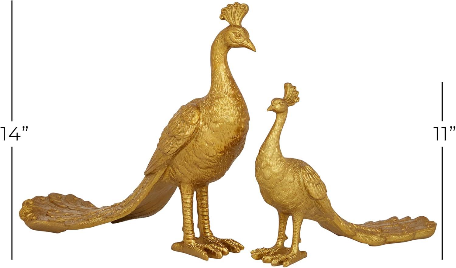 11", 8"H Gold Polystone Peacock Sculpture, by DecMode (2 Count)