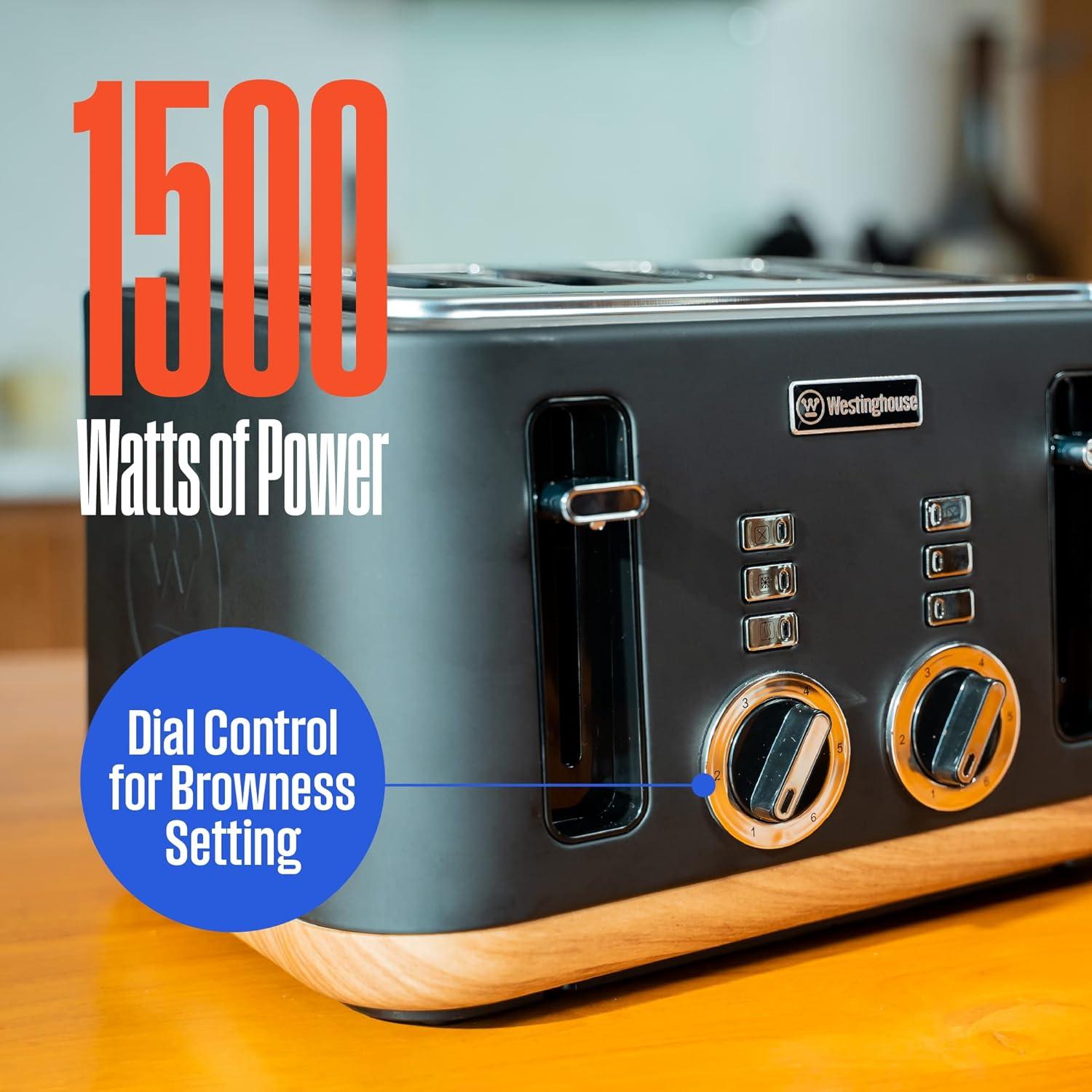 Black and Wood Finish 4-Slice Toaster with Wide Slots and Crumb Tray