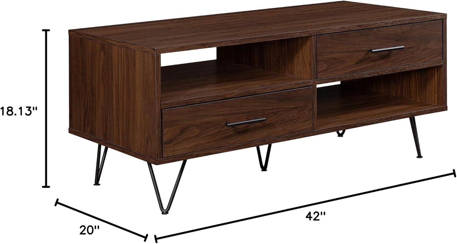 42" 2-Drawer Wood Coffee Table with Hairpin Legs - Dark Walnut/ Black