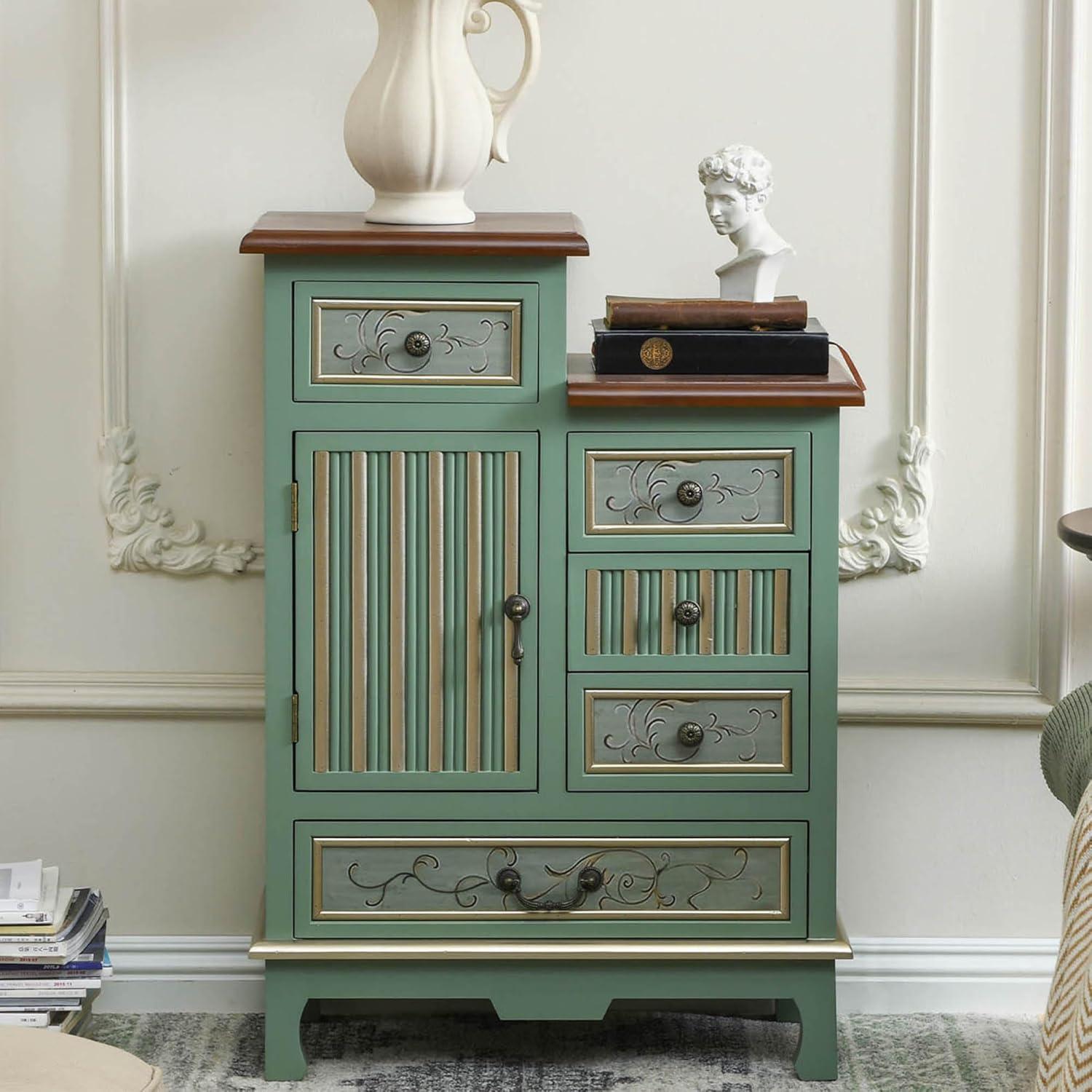Fienley Farmhouse 21.6"W x 30.6"H x 11.8"D 1-Door Carved Wood Accent Chest With 5-Drawers, Rich Natural,Blue