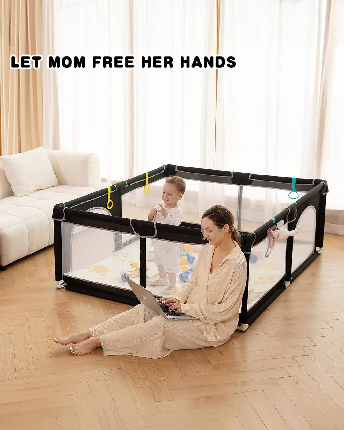 Extra Large Black Baby Playpen with Soft Mesh and Gate